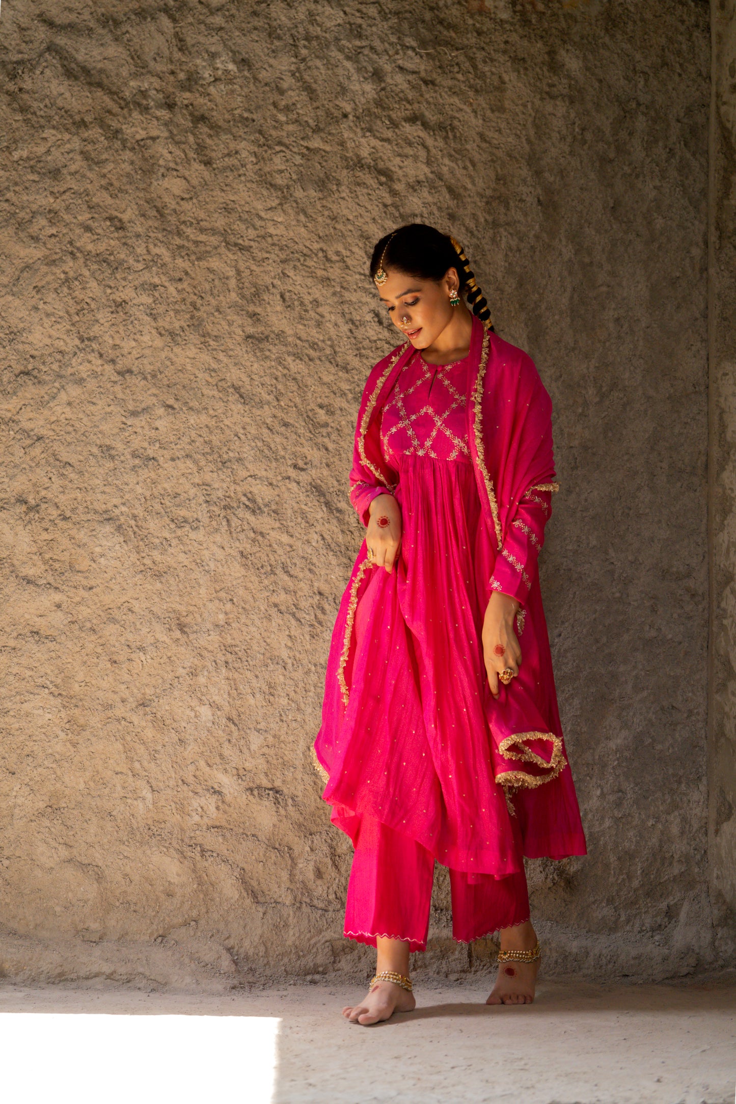 Pink High Yoke Mul Chanderi Kurta Set with gathers