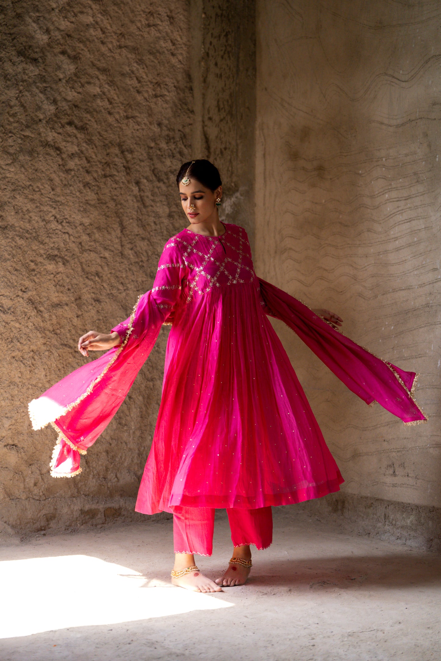 Pink High Yoke Mul Chanderi Kurta Set with gathers