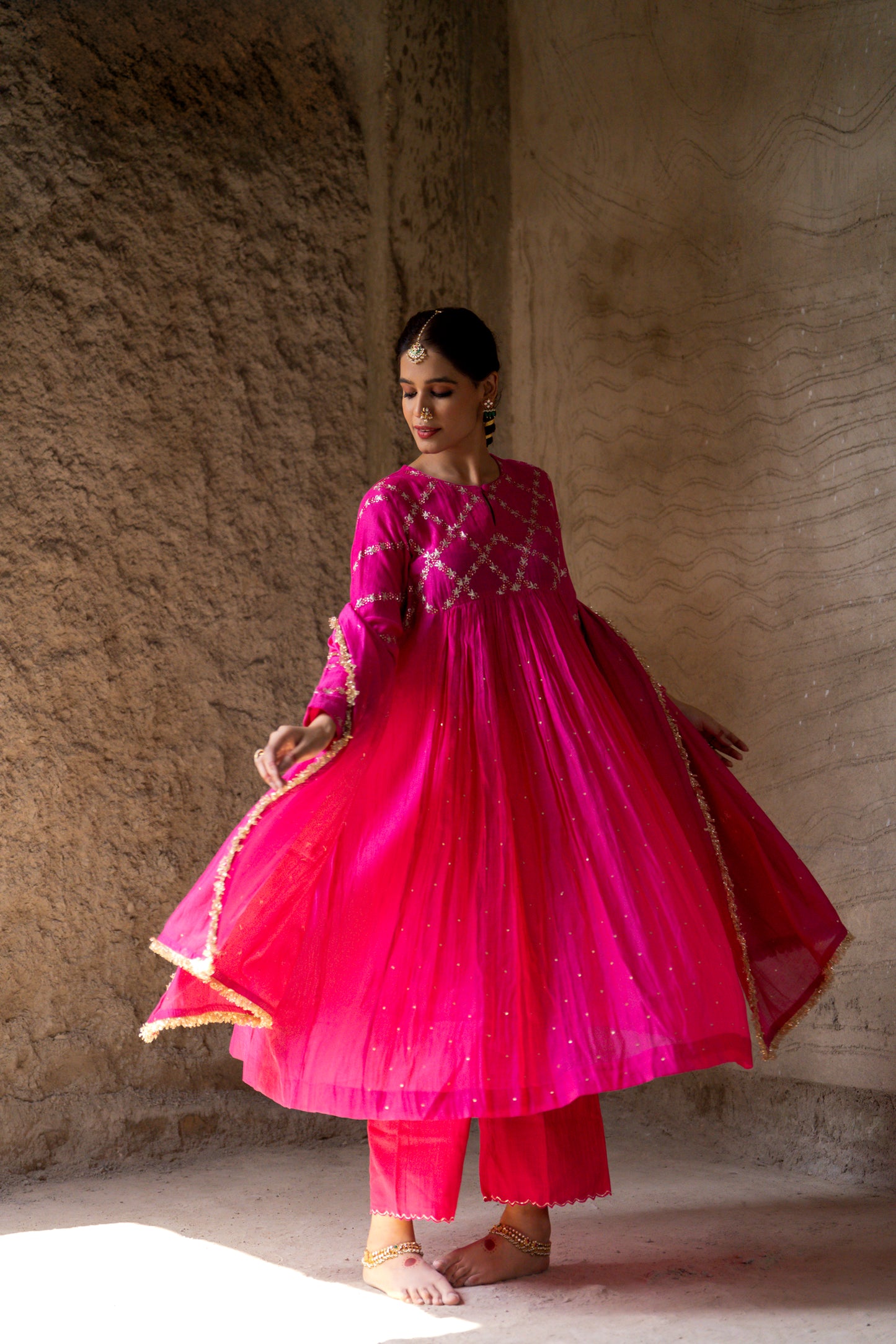 Pink High Yoke Mul Chanderi Kurta Set with gathers