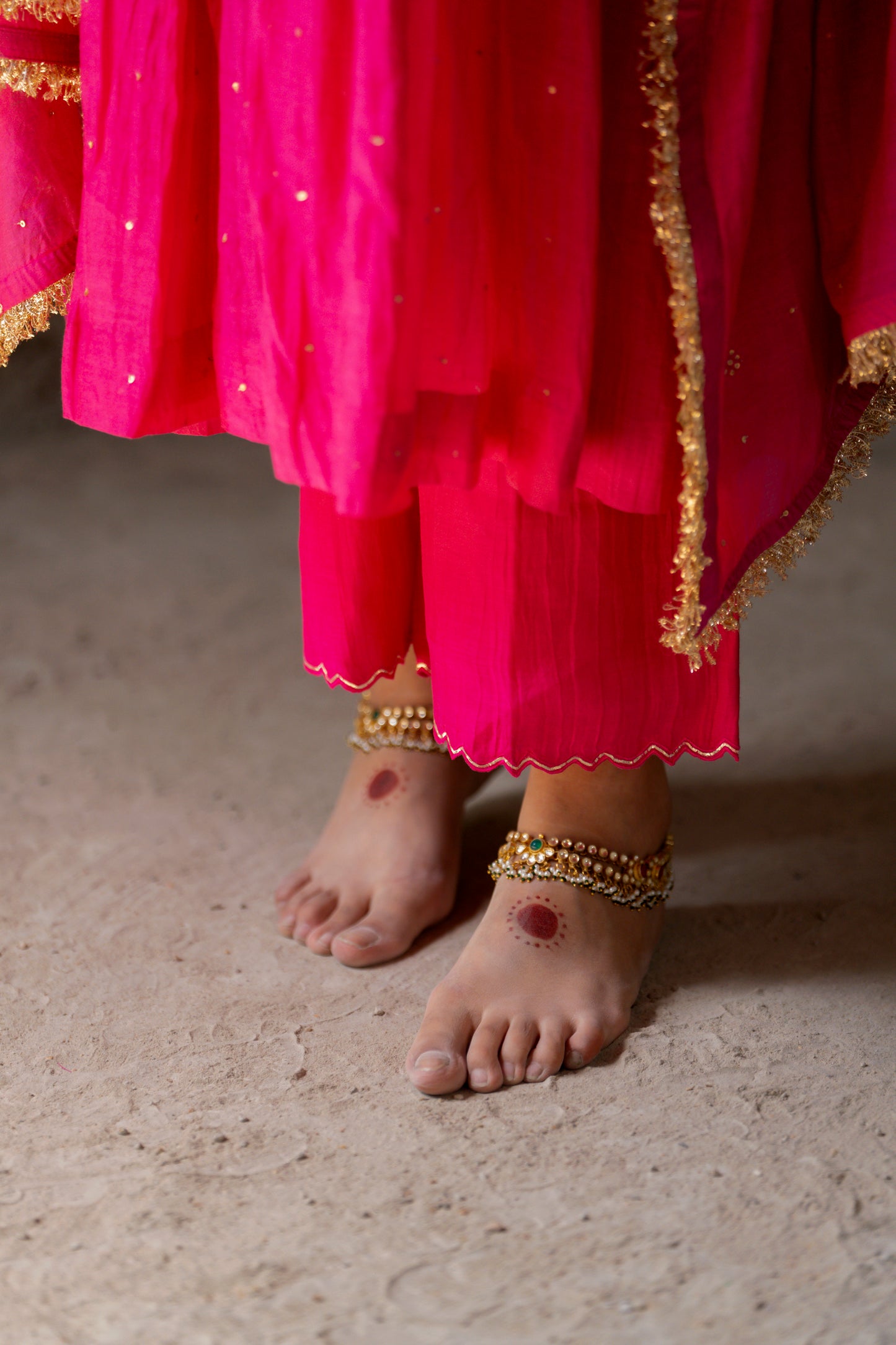 Pink High Yoke Mul Chanderi Kurta Set with gathers