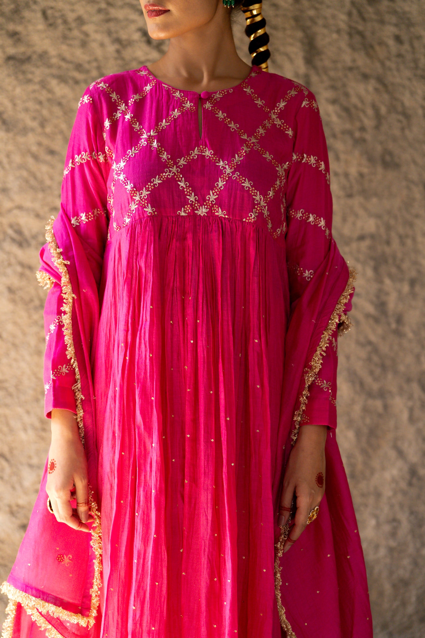 Pink High Yoke Mul Chanderi Kurta Set with gathers