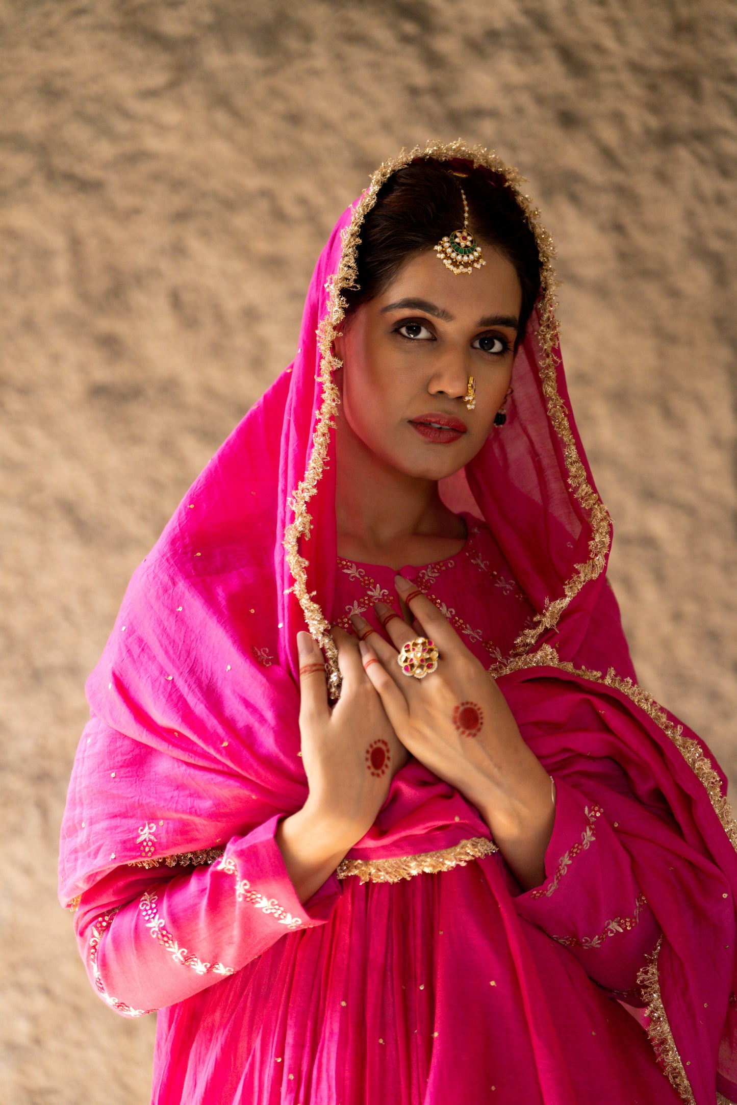 Pink High Yoke Mul Chanderi Kurta Set with gathers
