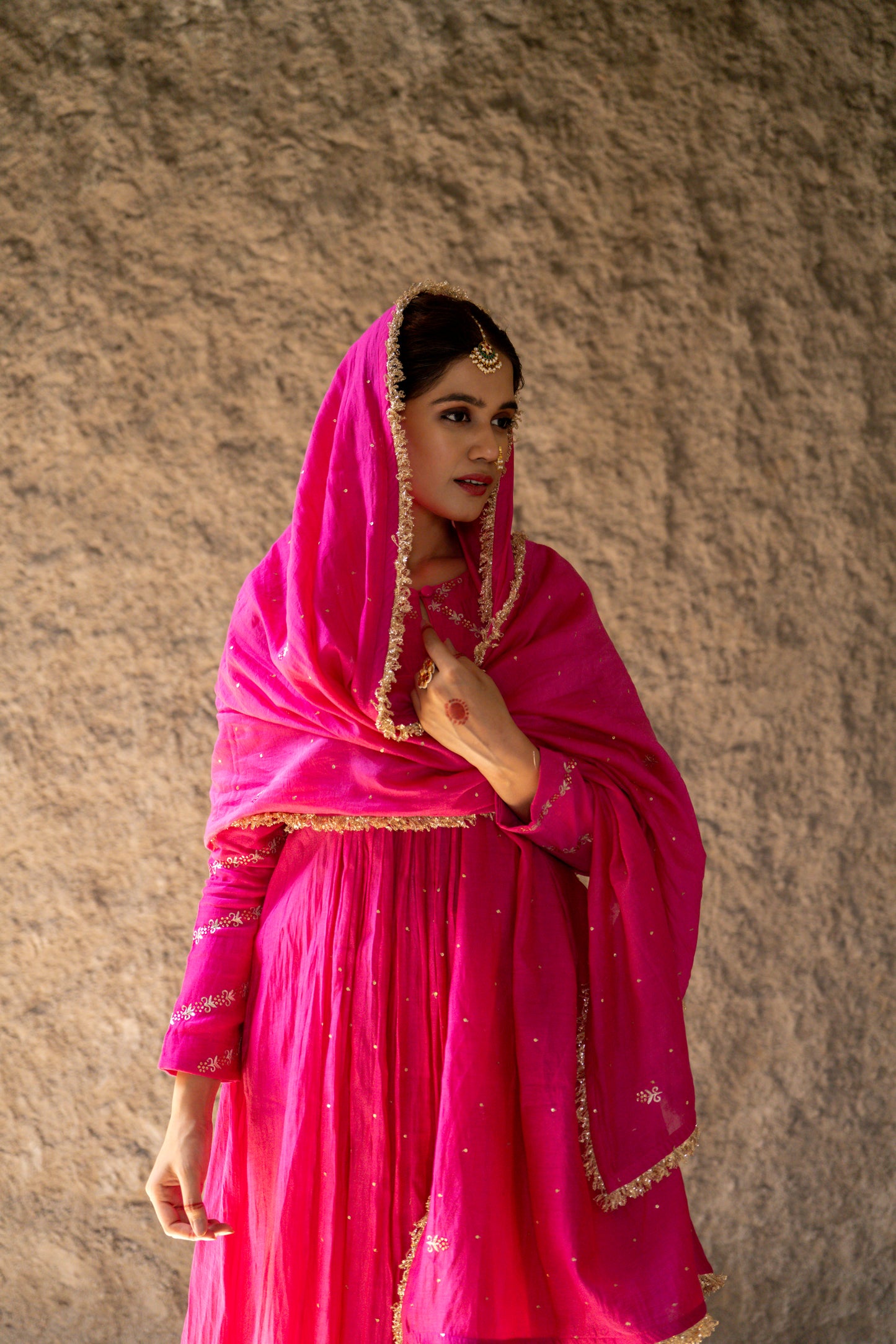 Pink High Yoke Mul Chanderi Kurta Set with gathers