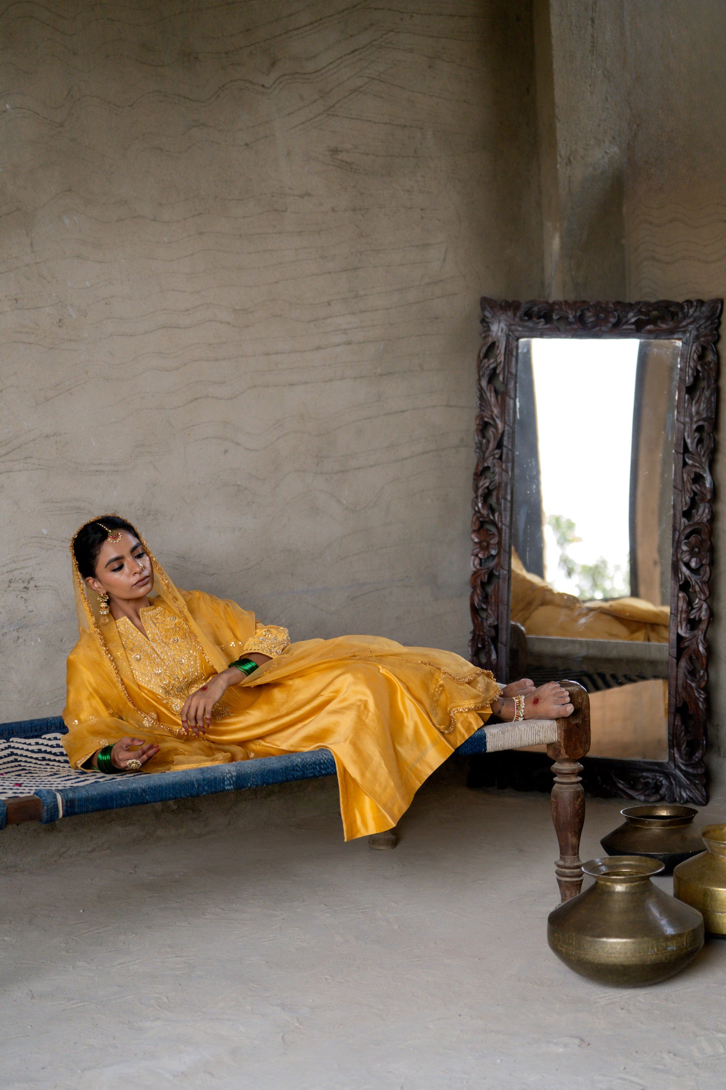 Yellow Silk Kurta Set with Heavy Gota Zardozi Dabka Work