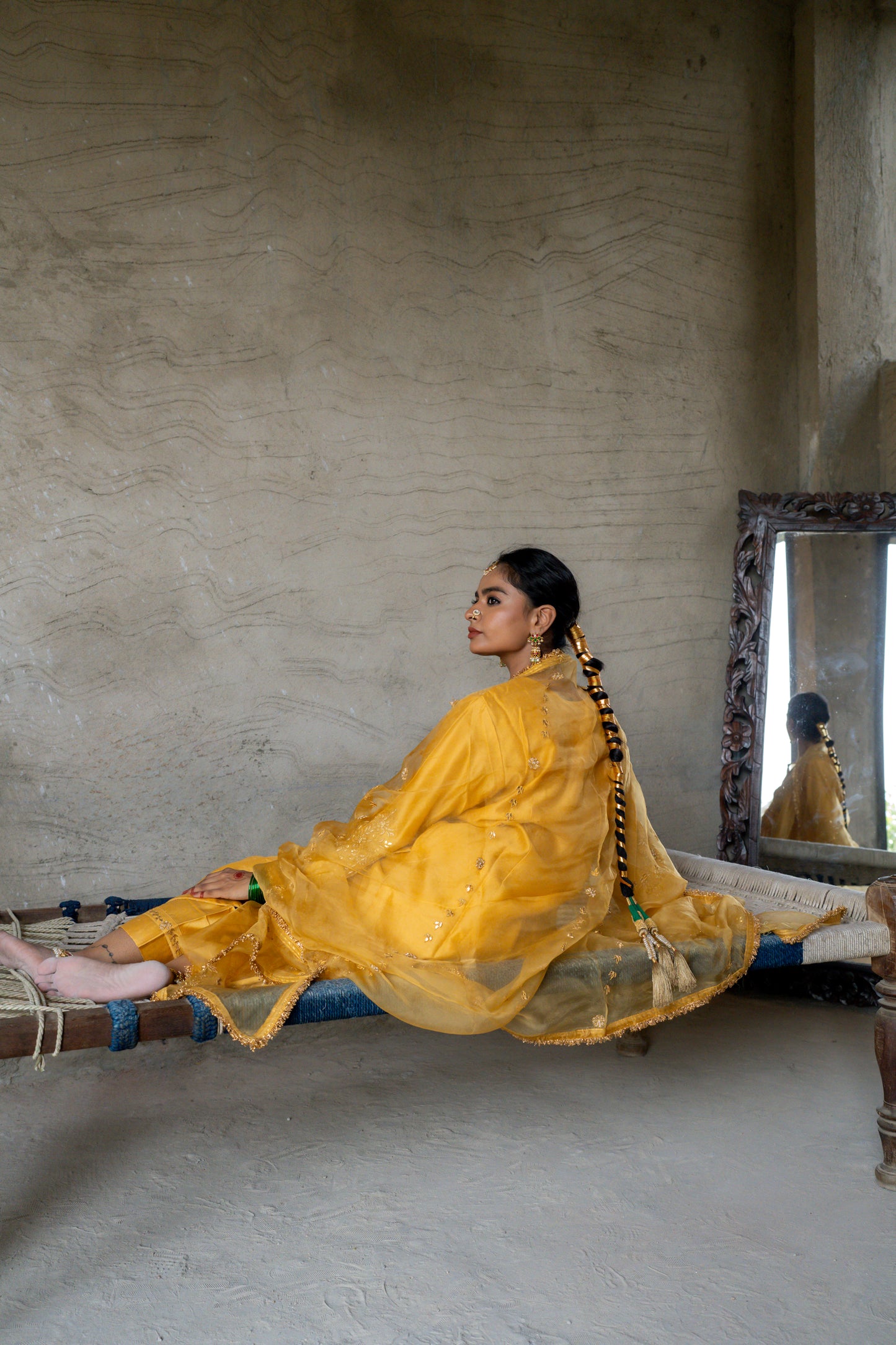 Yellow Silk Kurta Set with Heavy Gota Zardozi Dabka Work