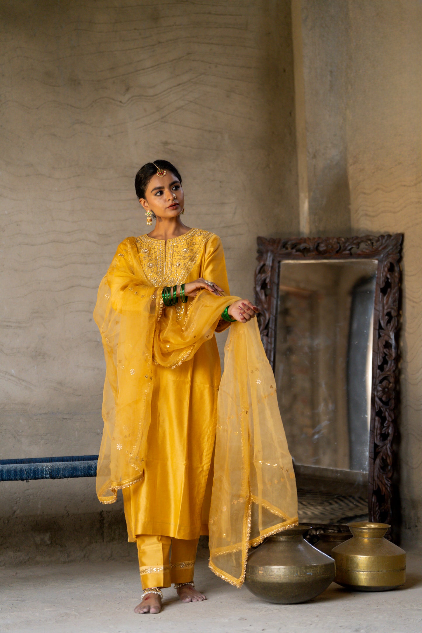 Yellow Silk Kurta Set with Heavy Gota Zardozi Dabka Work