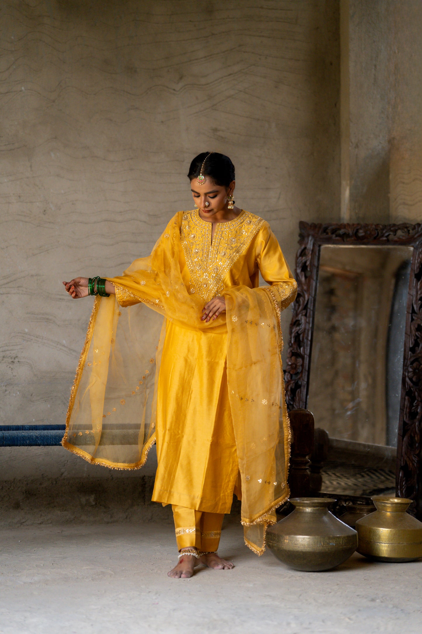 Yellow Silk Kurta Set with Heavy Gota Zardozi Dabka Work