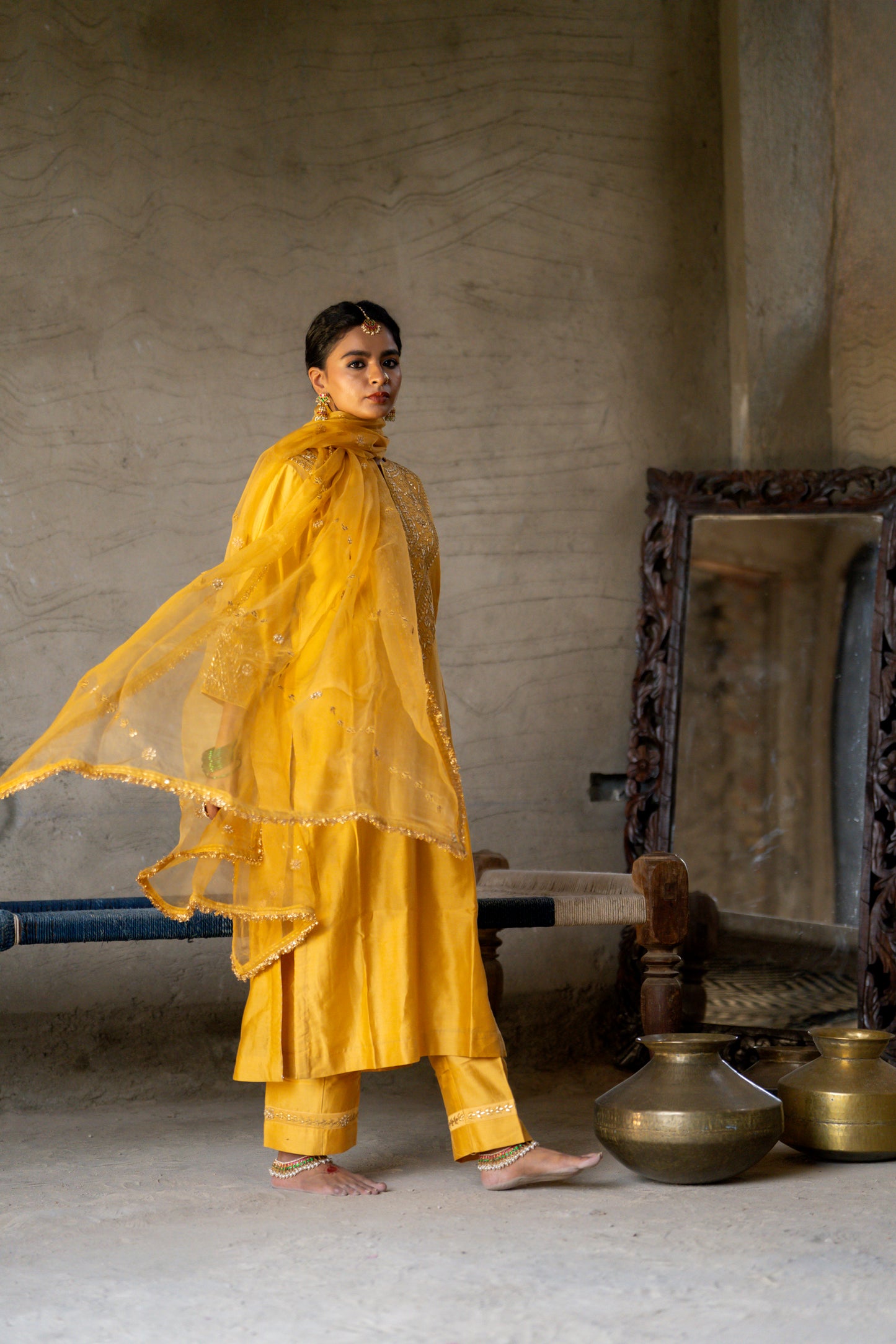 Yellow Silk Kurta Set with Heavy Gota Zardozi Dabka Work