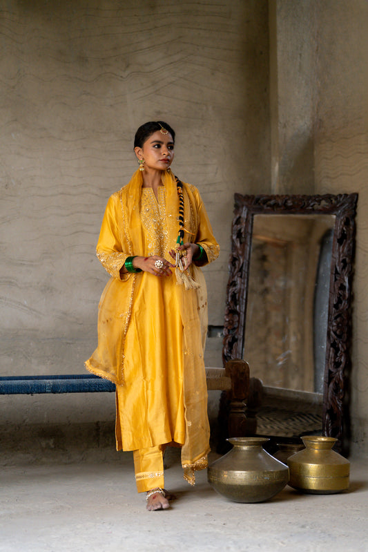 Yellow Silk Kurta Set with Heavy Gota Zardozi Dabka Work