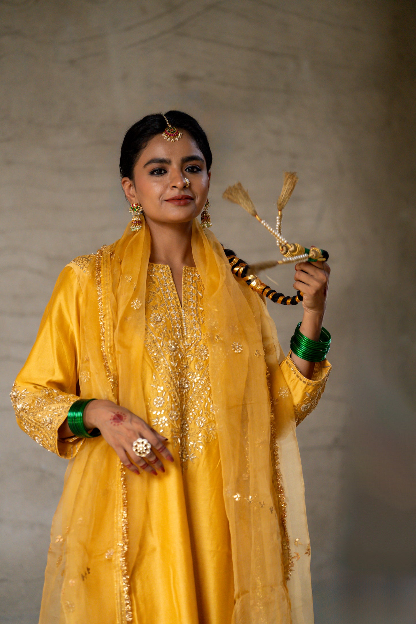 Yellow Silk Kurta Set with Heavy Gota Zardozi Dabka Work