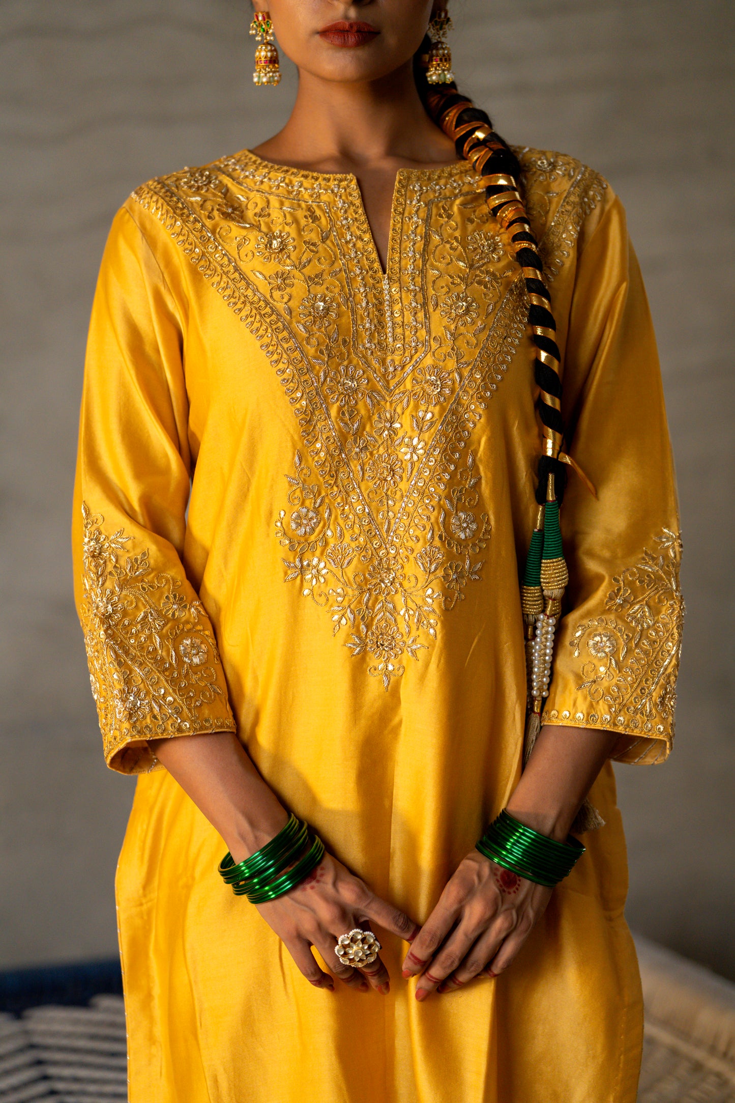 Yellow Silk Kurta Set with Heavy Gota Zardozi Dabka Work