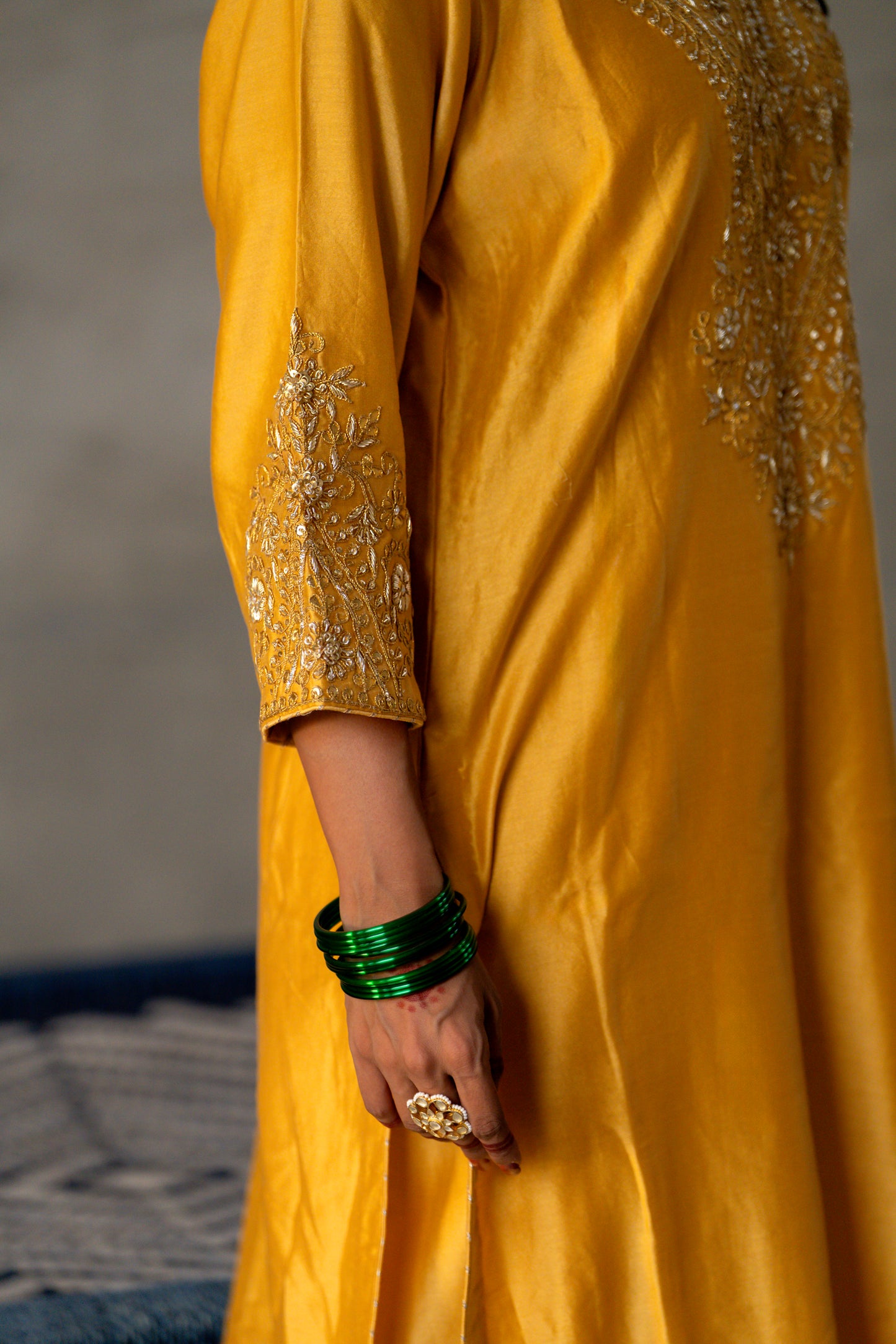 Yellow Silk Kurta Set with Heavy Gota Zardozi Dabka Work