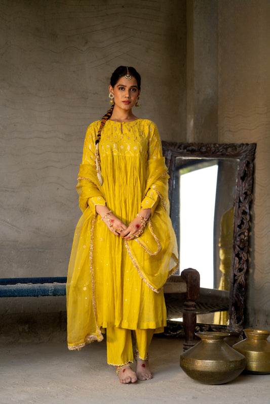 Yellow High Yoke Mul Chanderi Kurta Set with gathers