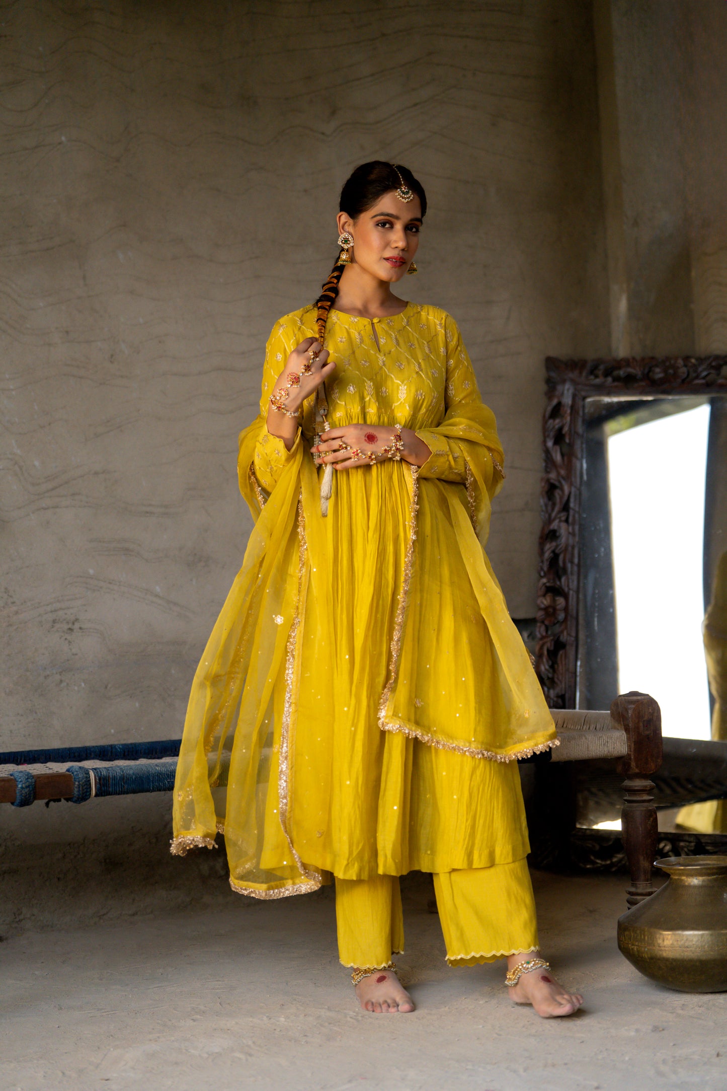Yellow High Yoke Mul Chanderi Kurta Set with gathers