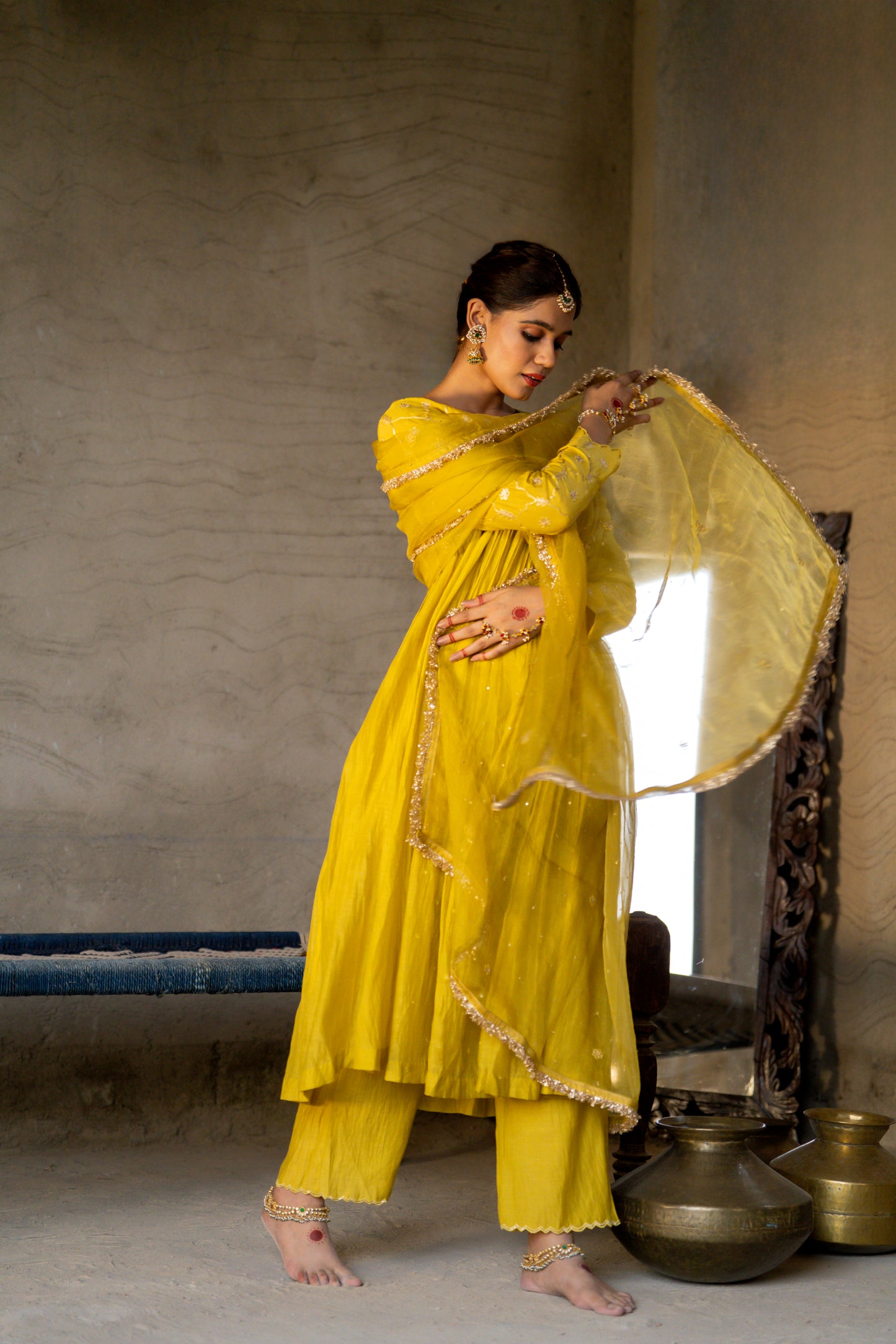 Yellow High Yoke Mul Chanderi Kurta Set with gathers