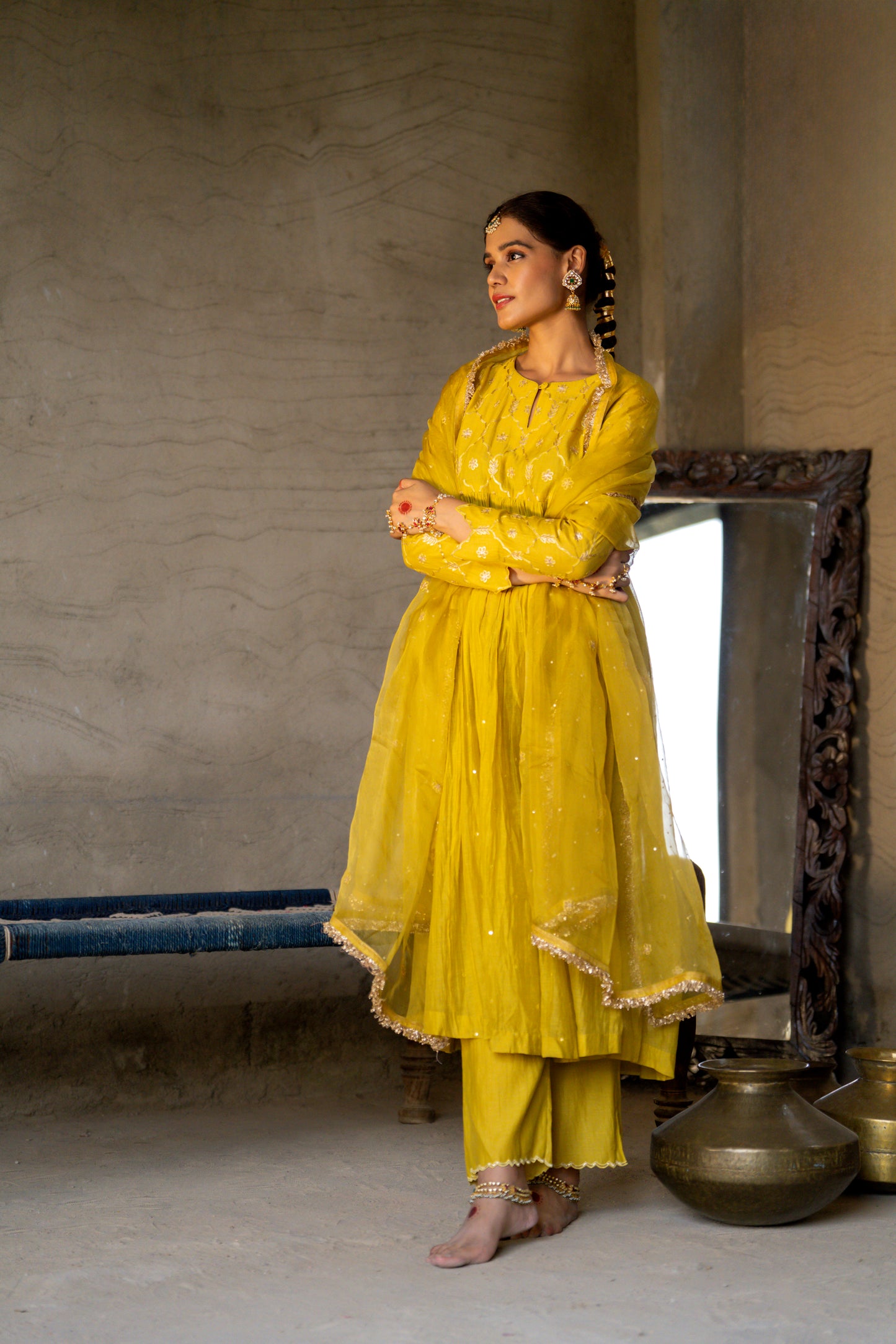 Yellow High Yoke Mul Chanderi Kurta Set with gathers