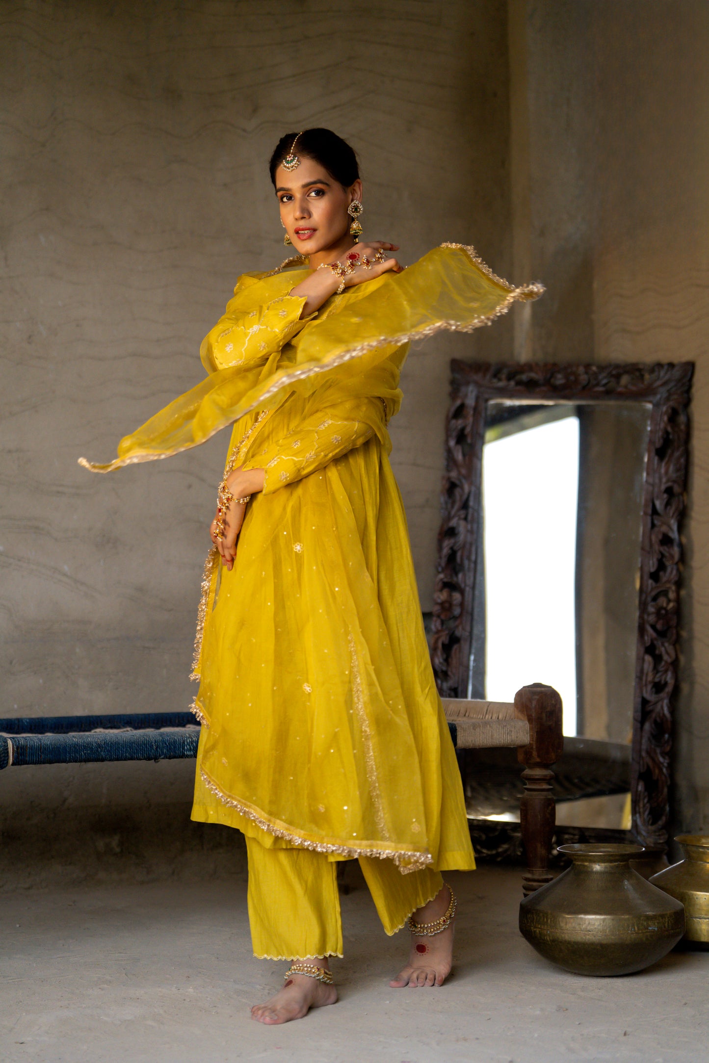 Yellow High Yoke Mul Chanderi Kurta Set with gathers