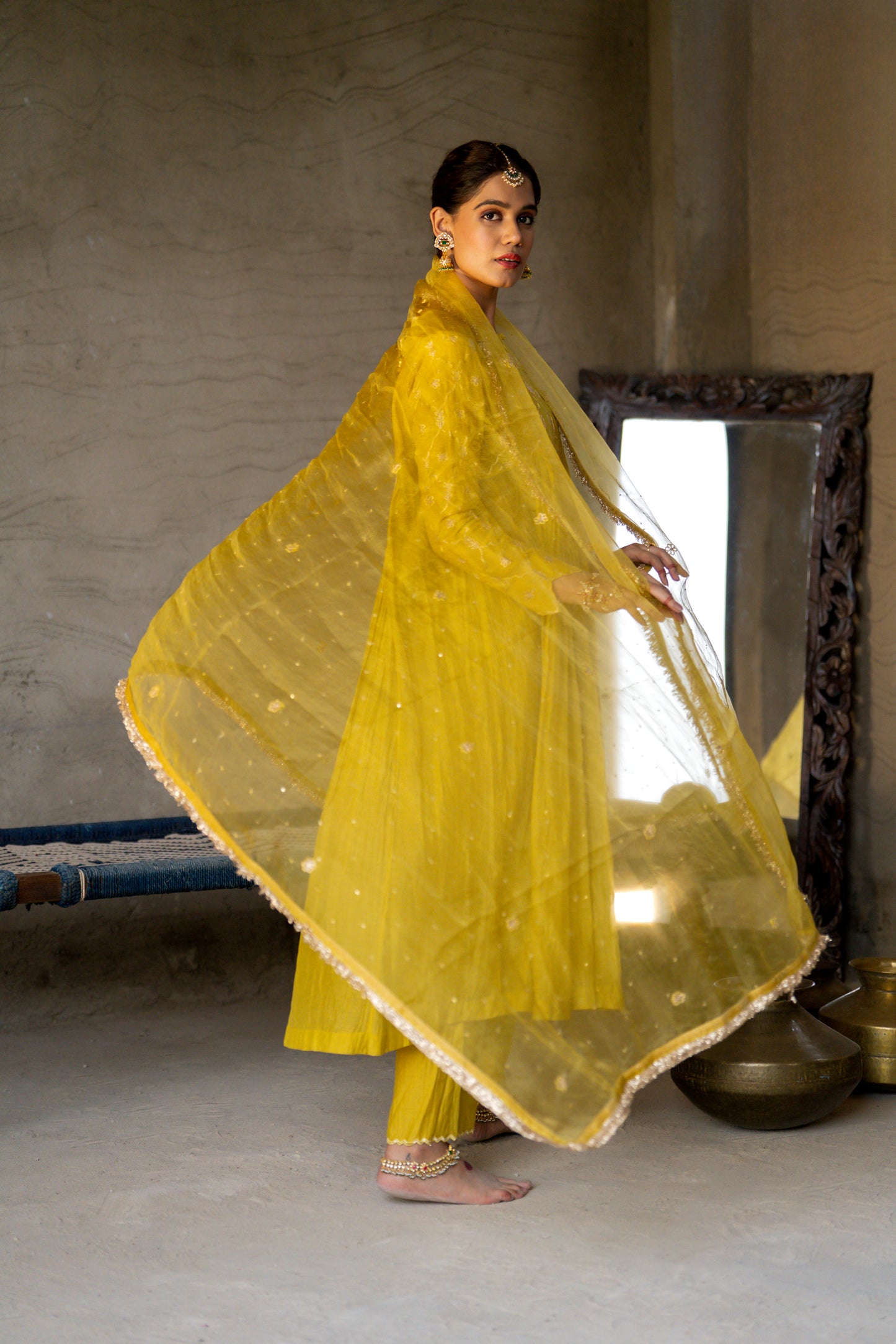 Yellow High Yoke Mul Chanderi Kurta Set with gathers