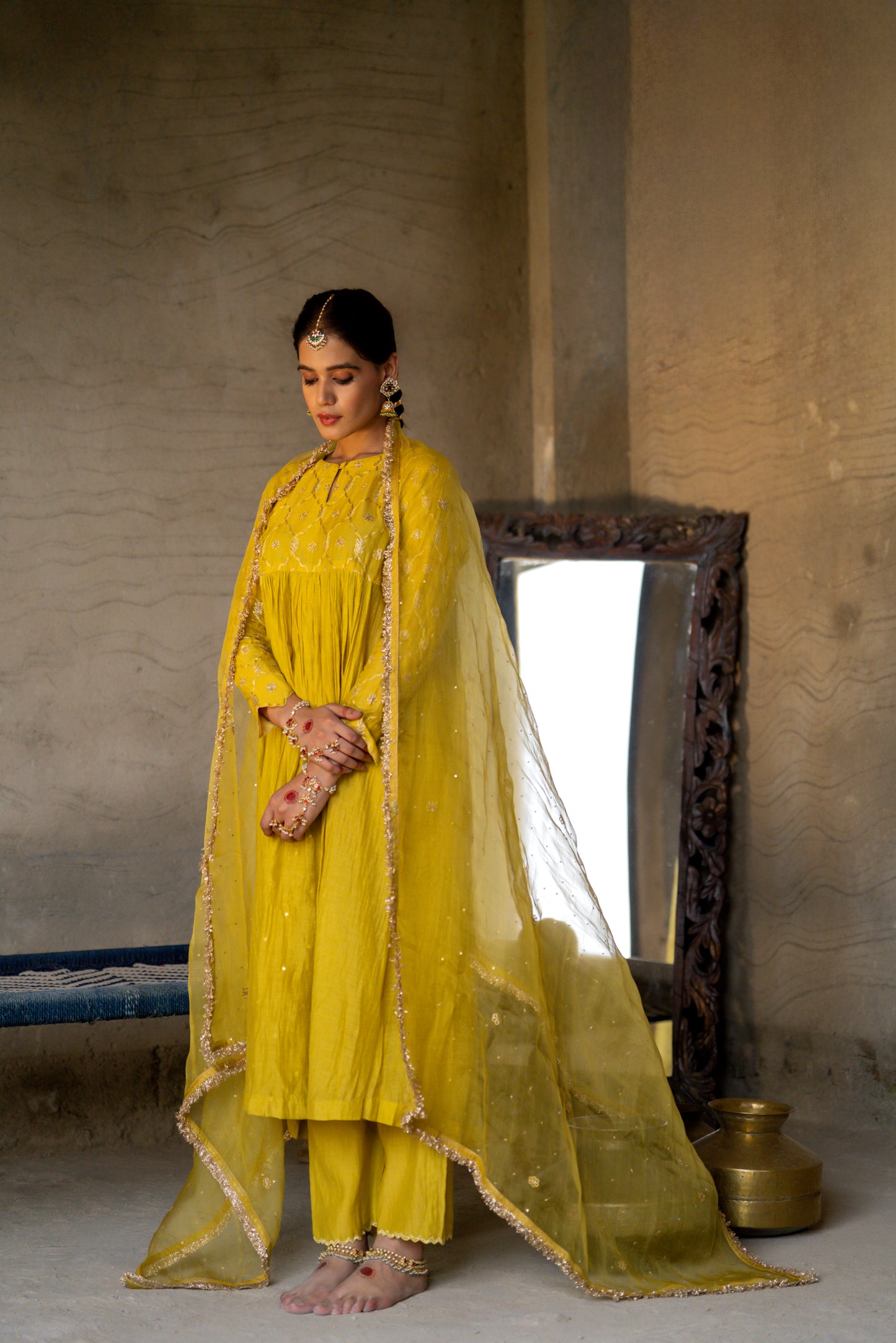 Yellow High Yoke Mul Chanderi Kurta Set with gathers