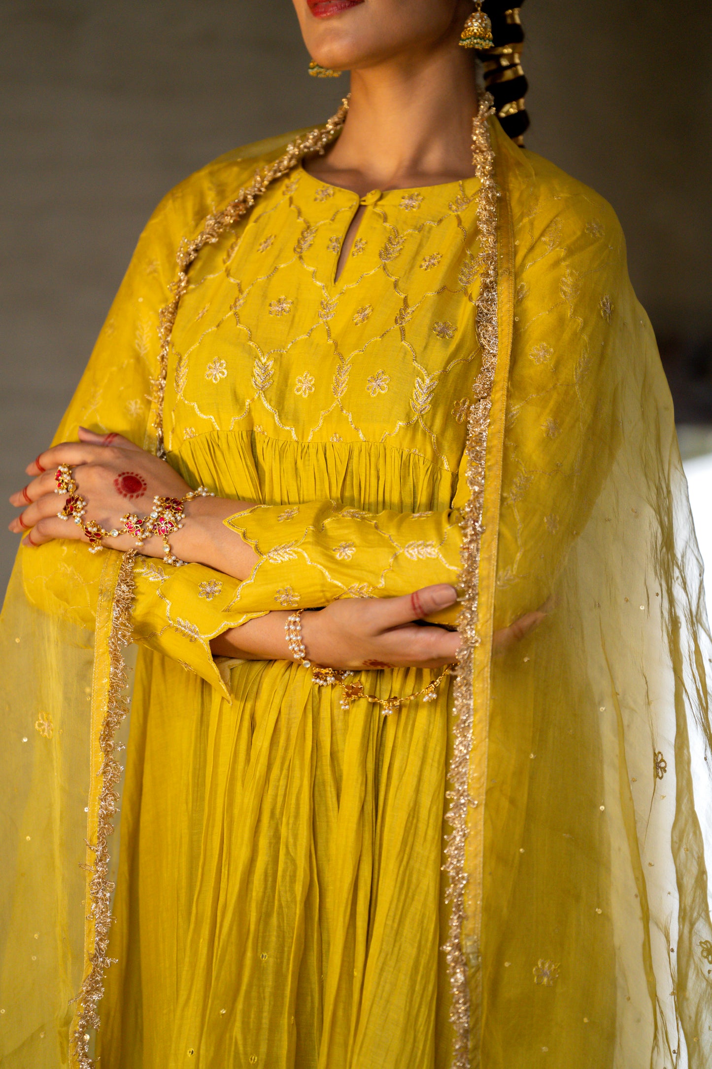 Yellow High Yoke Mul Chanderi Kurta Set with gathers
