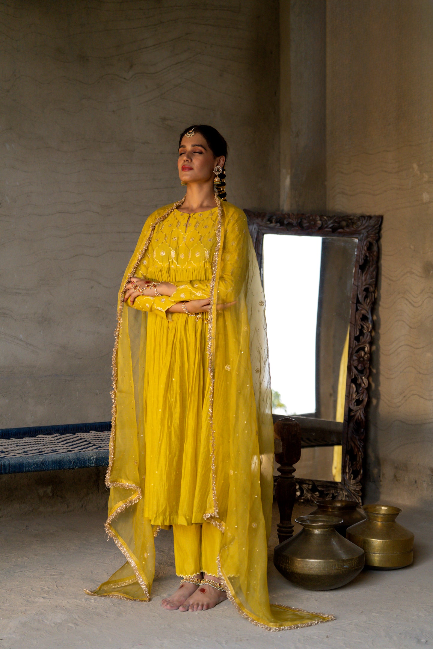 Yellow High Yoke Mul Chanderi Kurta Set with gathers