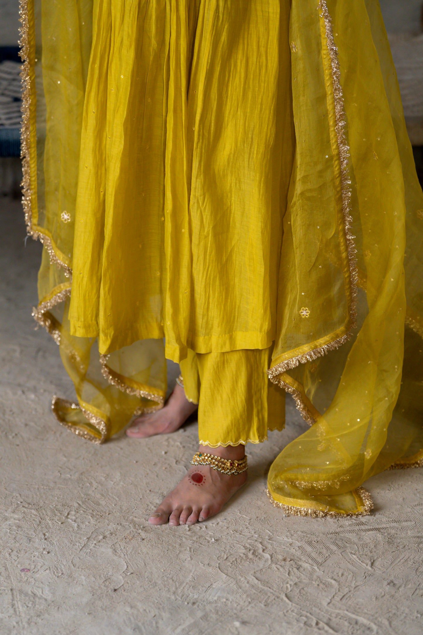Yellow High Yoke Mul Chanderi Kurta Set with gathers