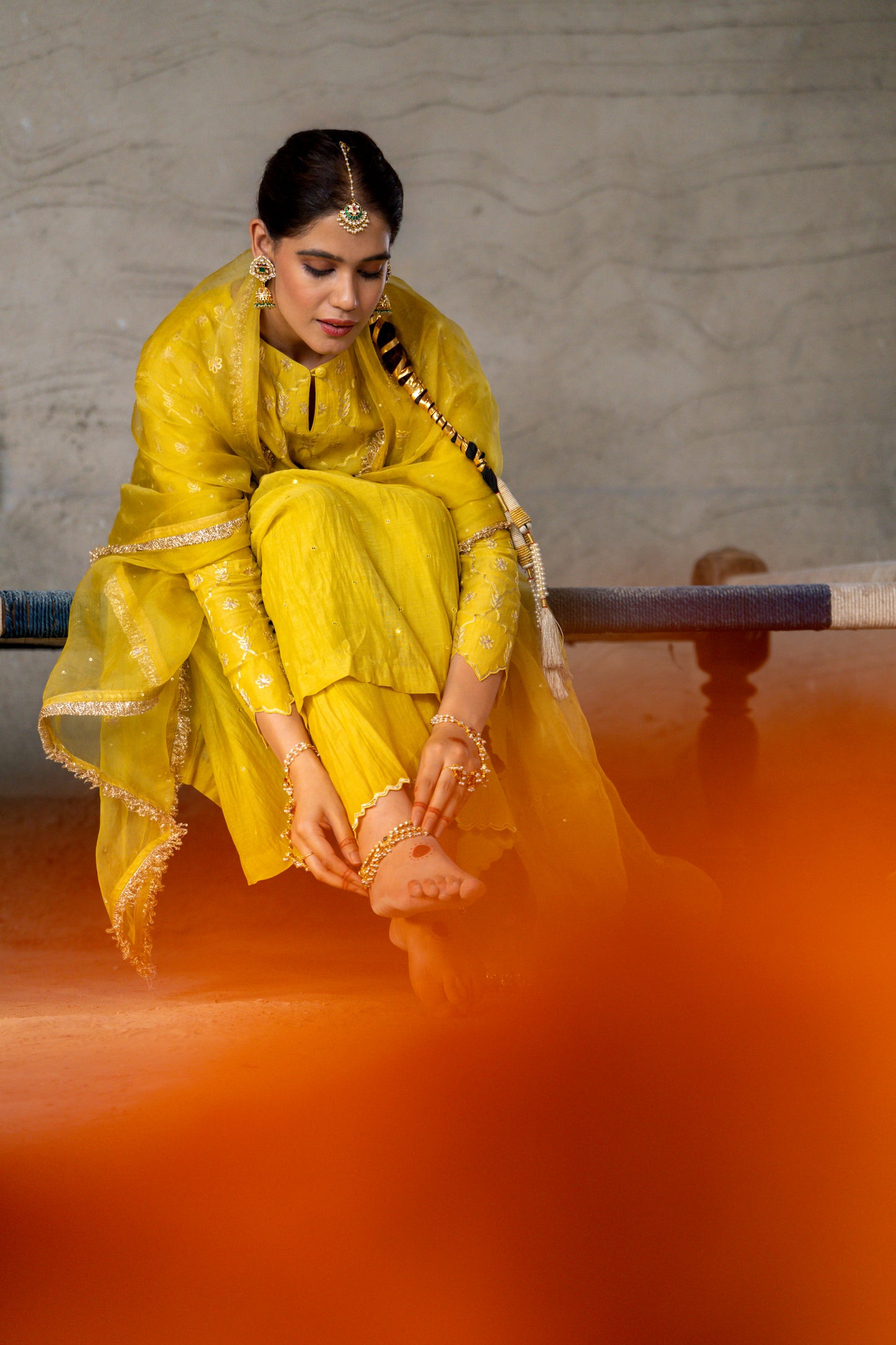 Yellow High Yoke Mul Chanderi Kurta Set with gathers