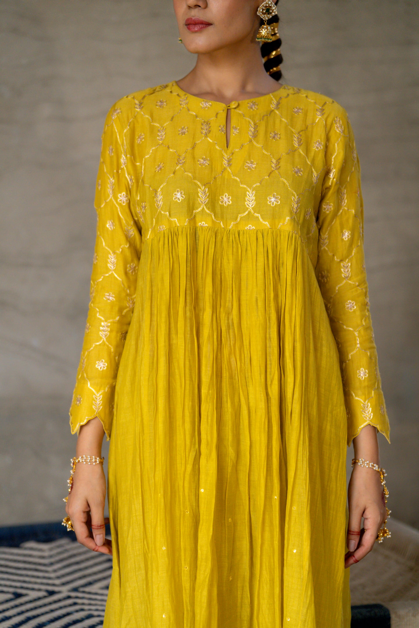 Yellow High Yoke Mul Chanderi Kurta Set with gathers