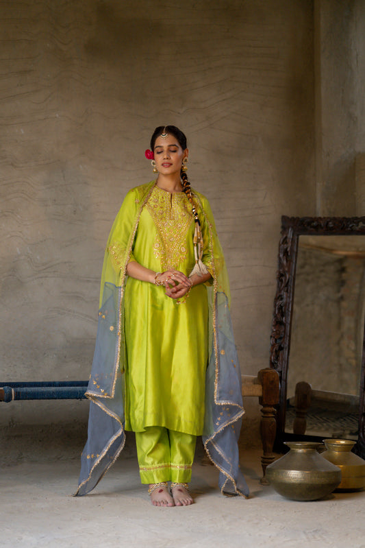 Green Chanderi Angrakha set with Dabka work