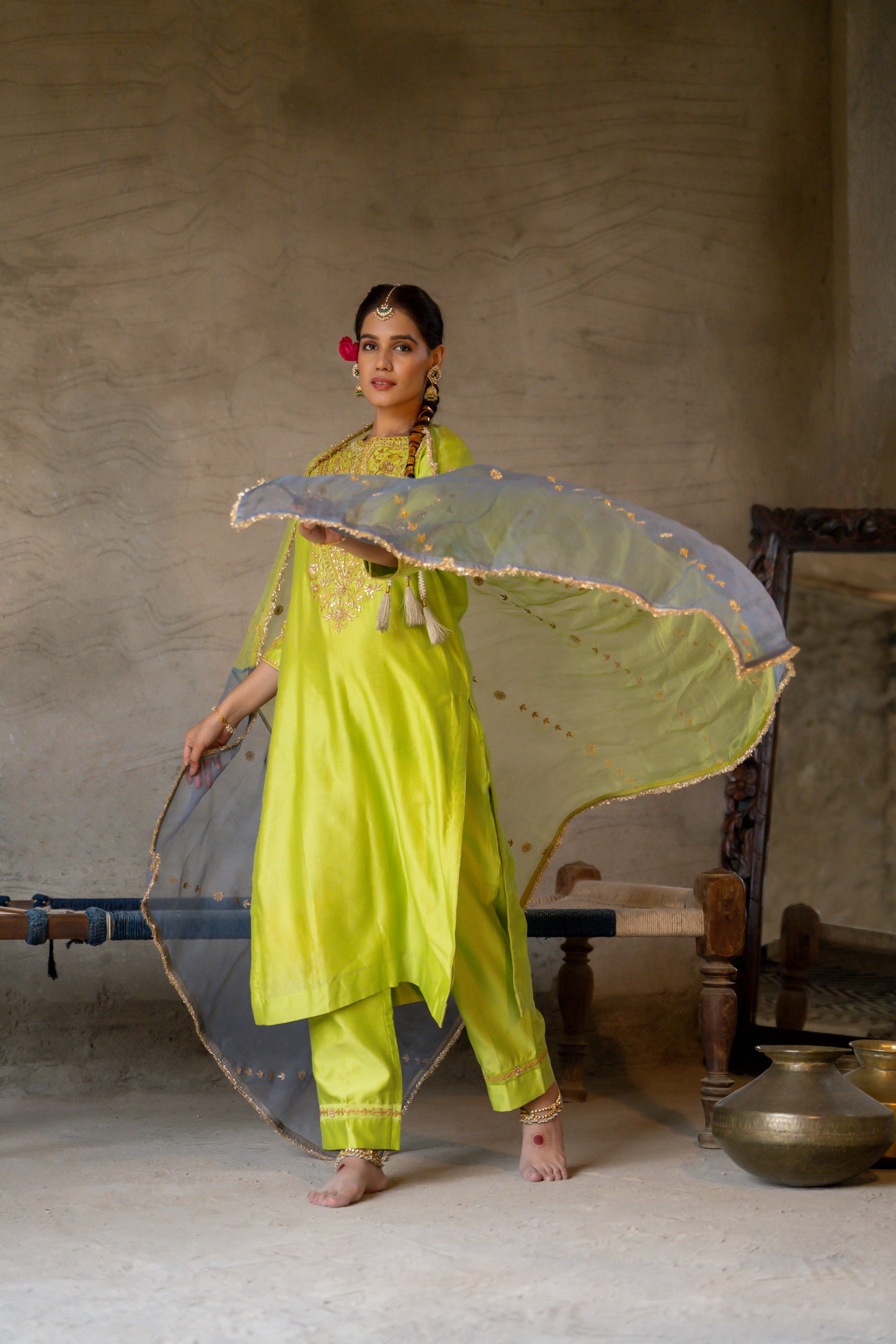 Green Chanderi Angrakha set with Dabka work