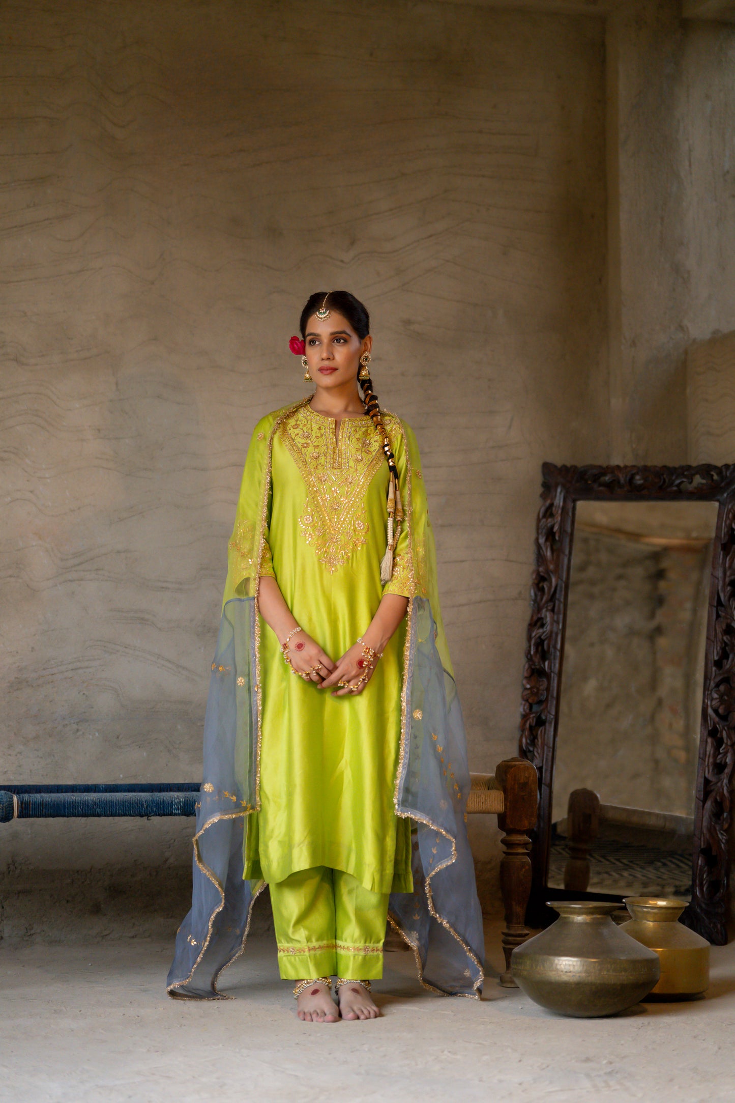 Green Chanderi Angrakha set with Dabka work