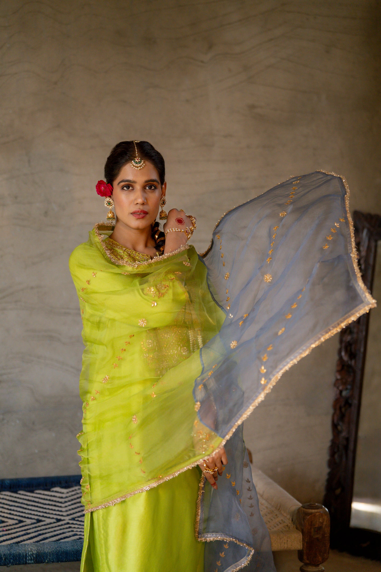 Green Chanderi Angrakha set with Dabka work