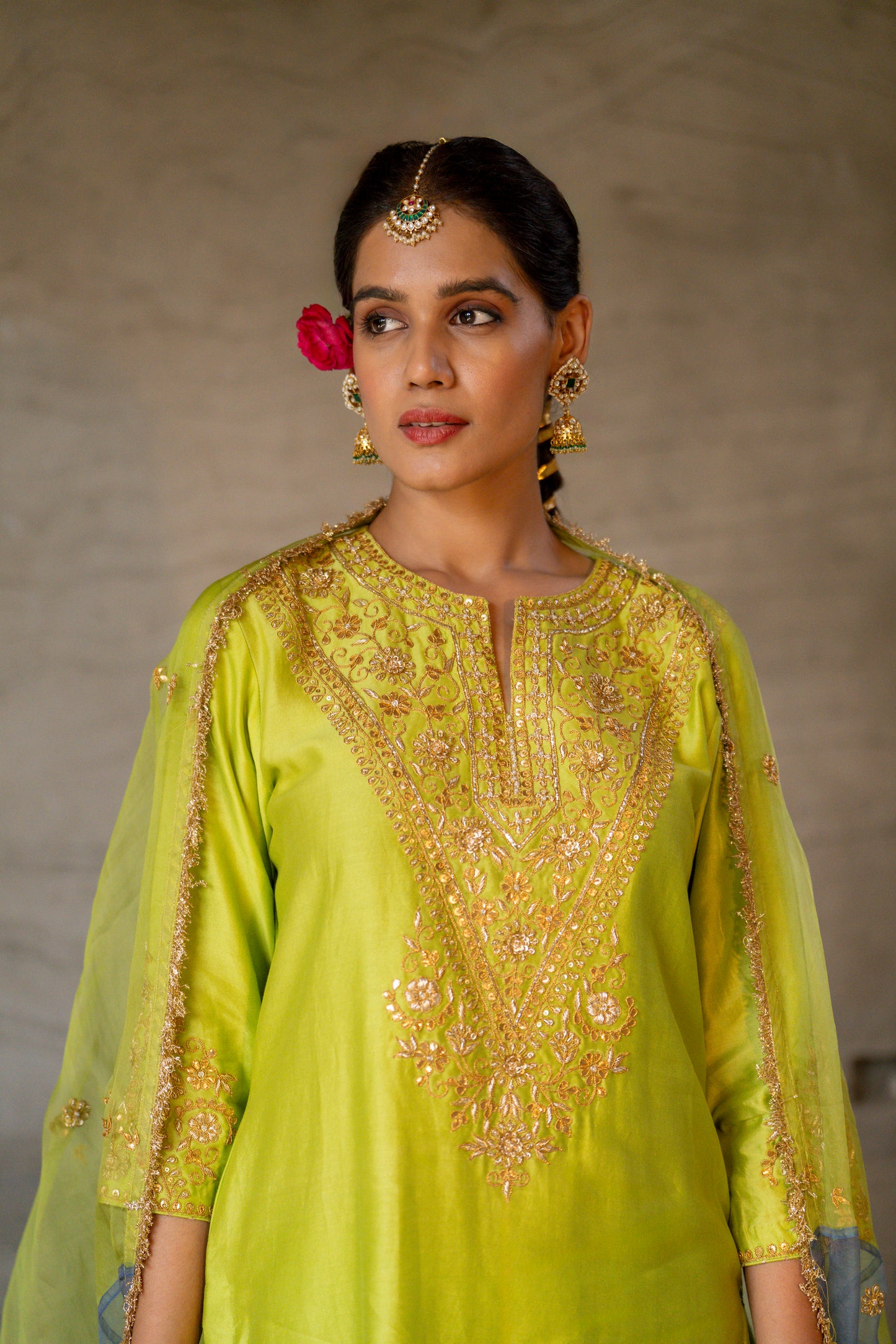 Green Chanderi Angrakha set with Dabka work