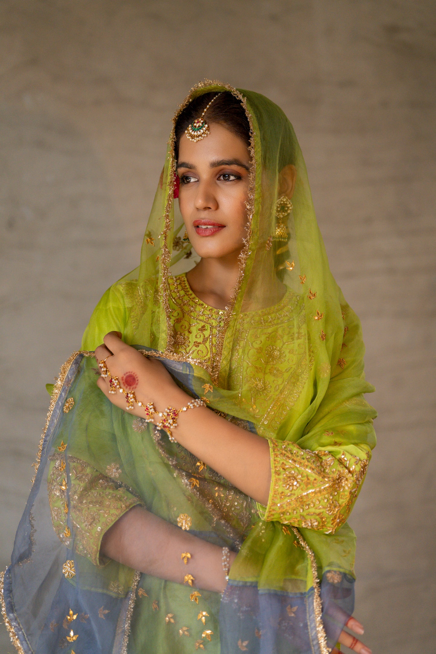 Green Chanderi Angrakha set with Dabka work