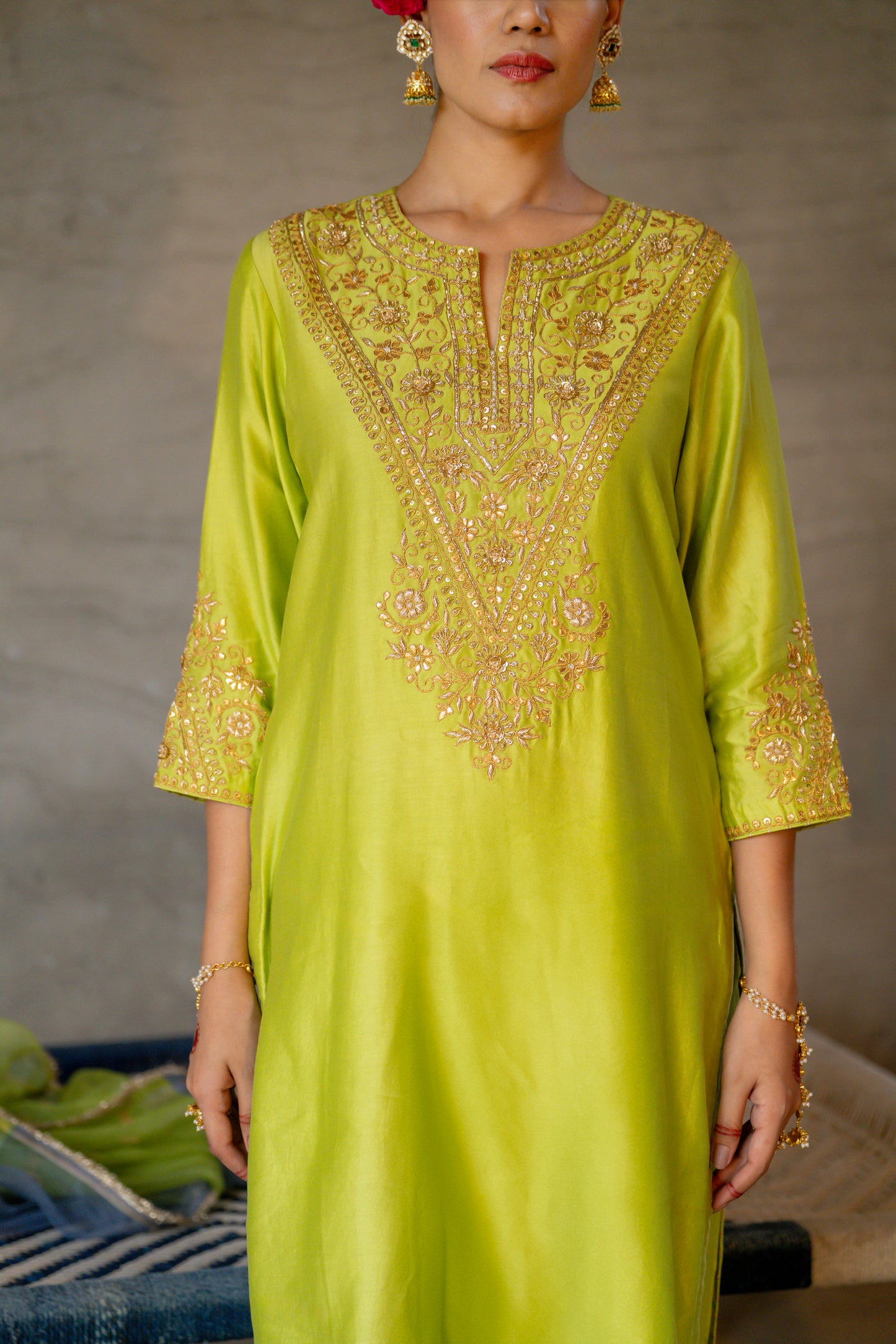 Green Chanderi Angrakha set with Dabka work