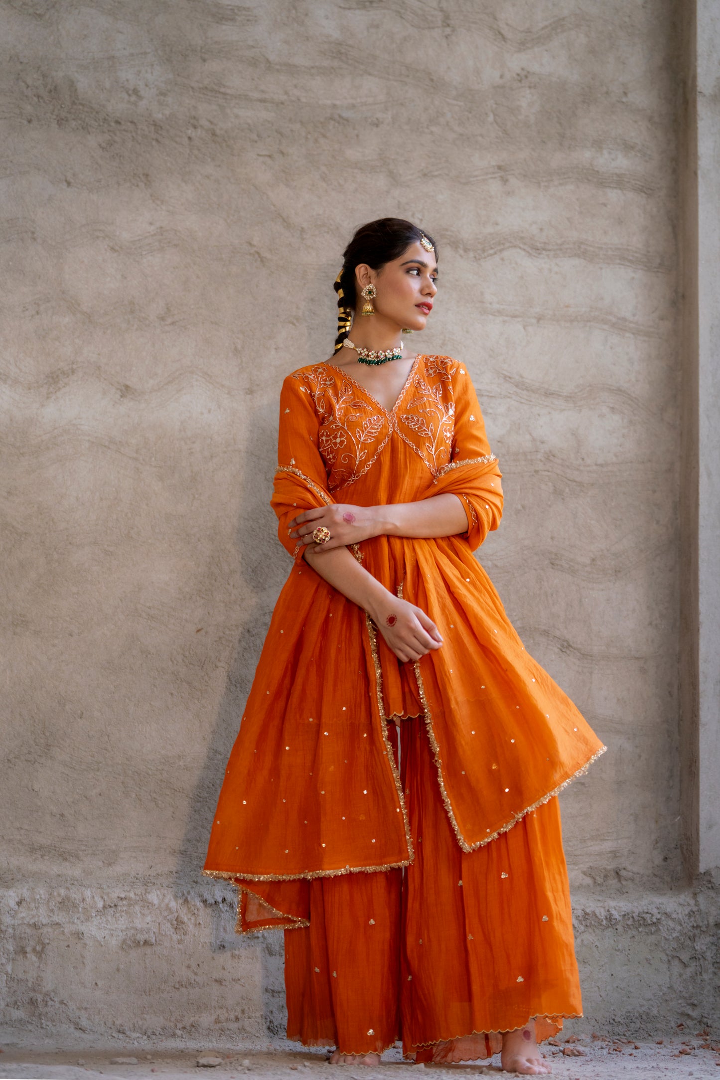 Orange Mul Chanderi Peplum Sharara with Dabka Pittan work