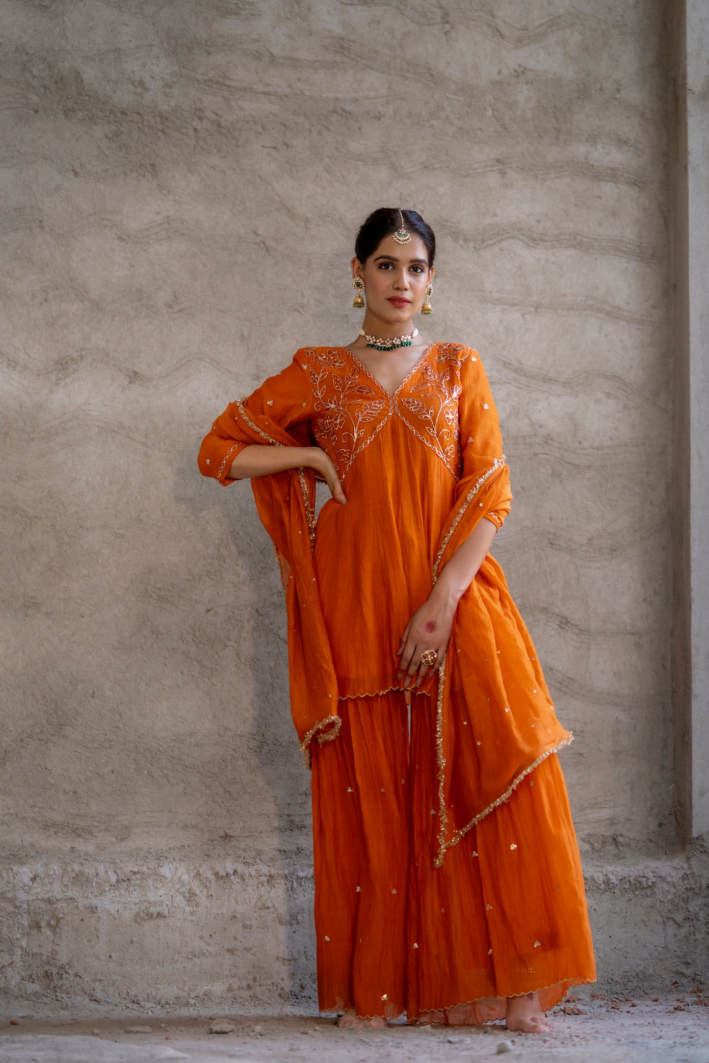 Orange Mul Chanderi Peplum Sharara with Dabka Pittan work