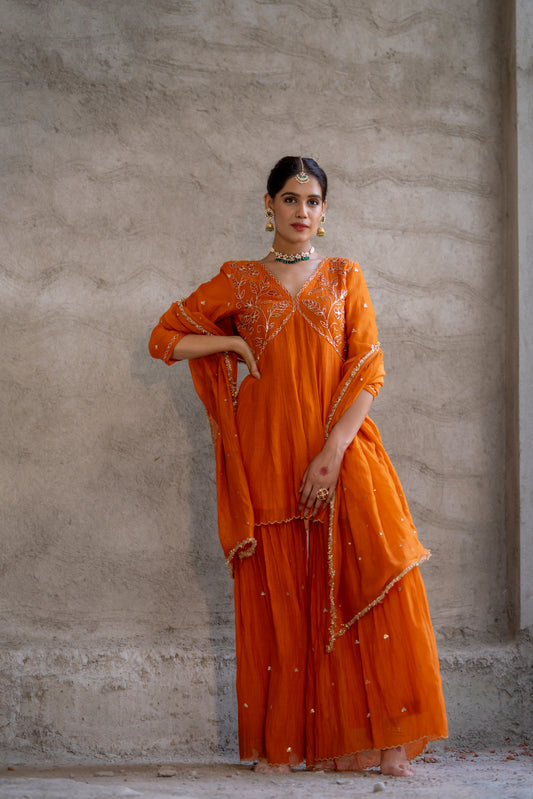 Orange Mul Chanderi Peplum Sharara with Dabka Pittan work