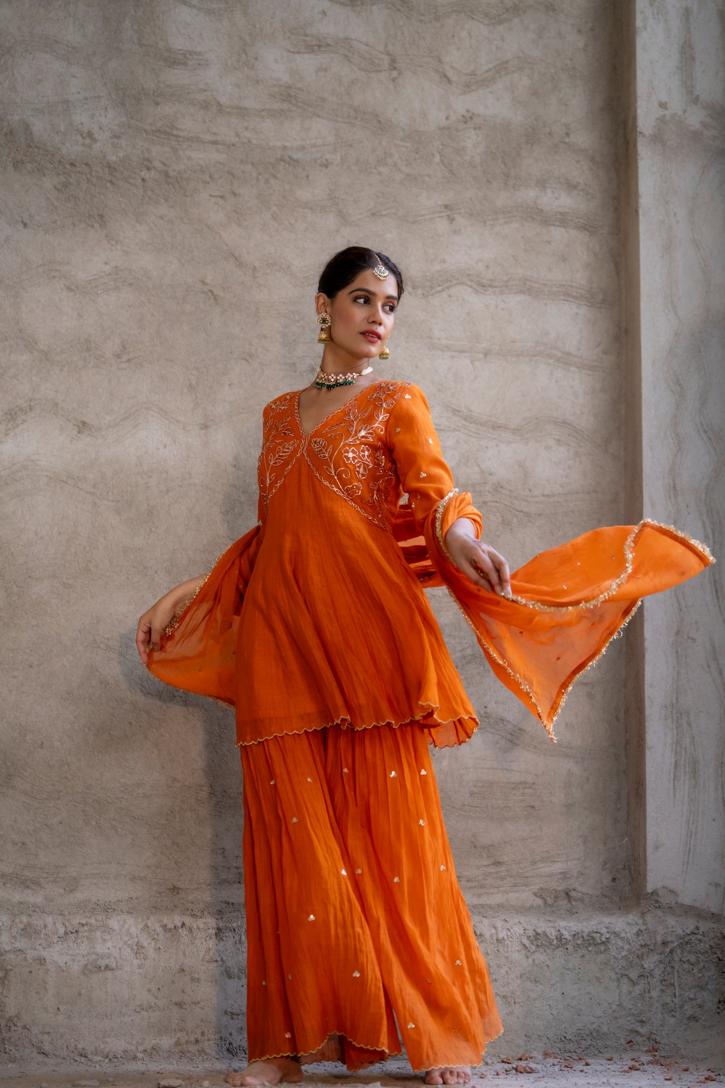 Orange Mul Chanderi Peplum Sharara with Dabka Pittan work