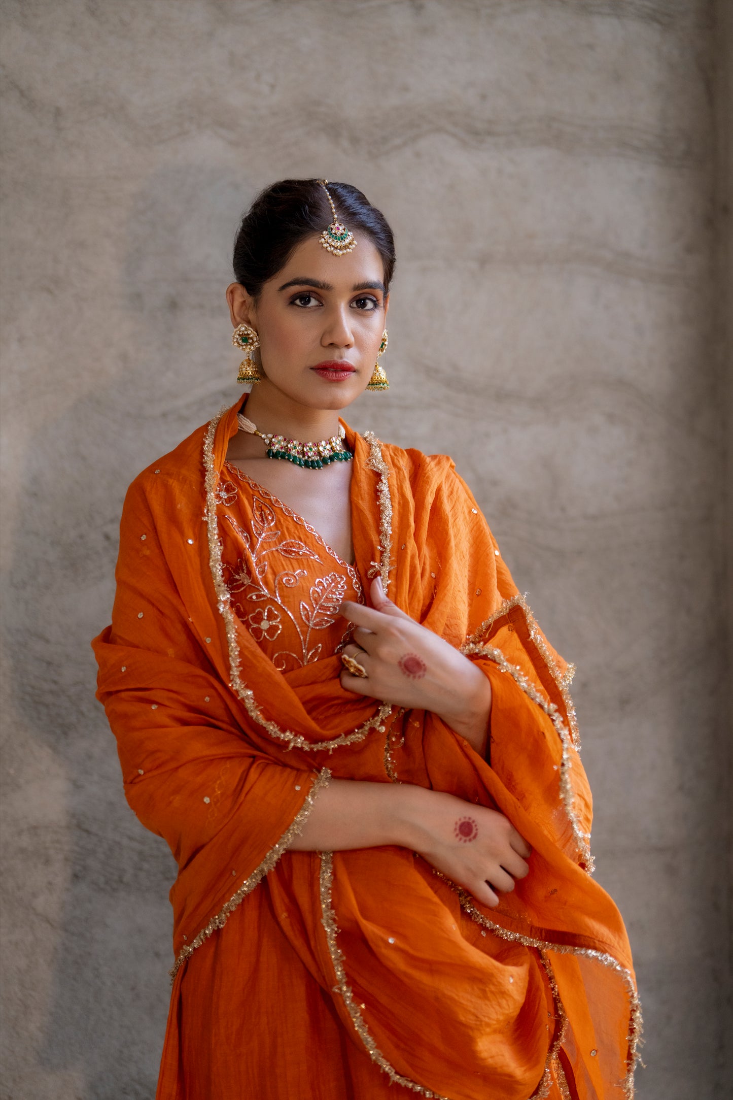 Orange Mul Chanderi Peplum Sharara with Dabka Pittan work