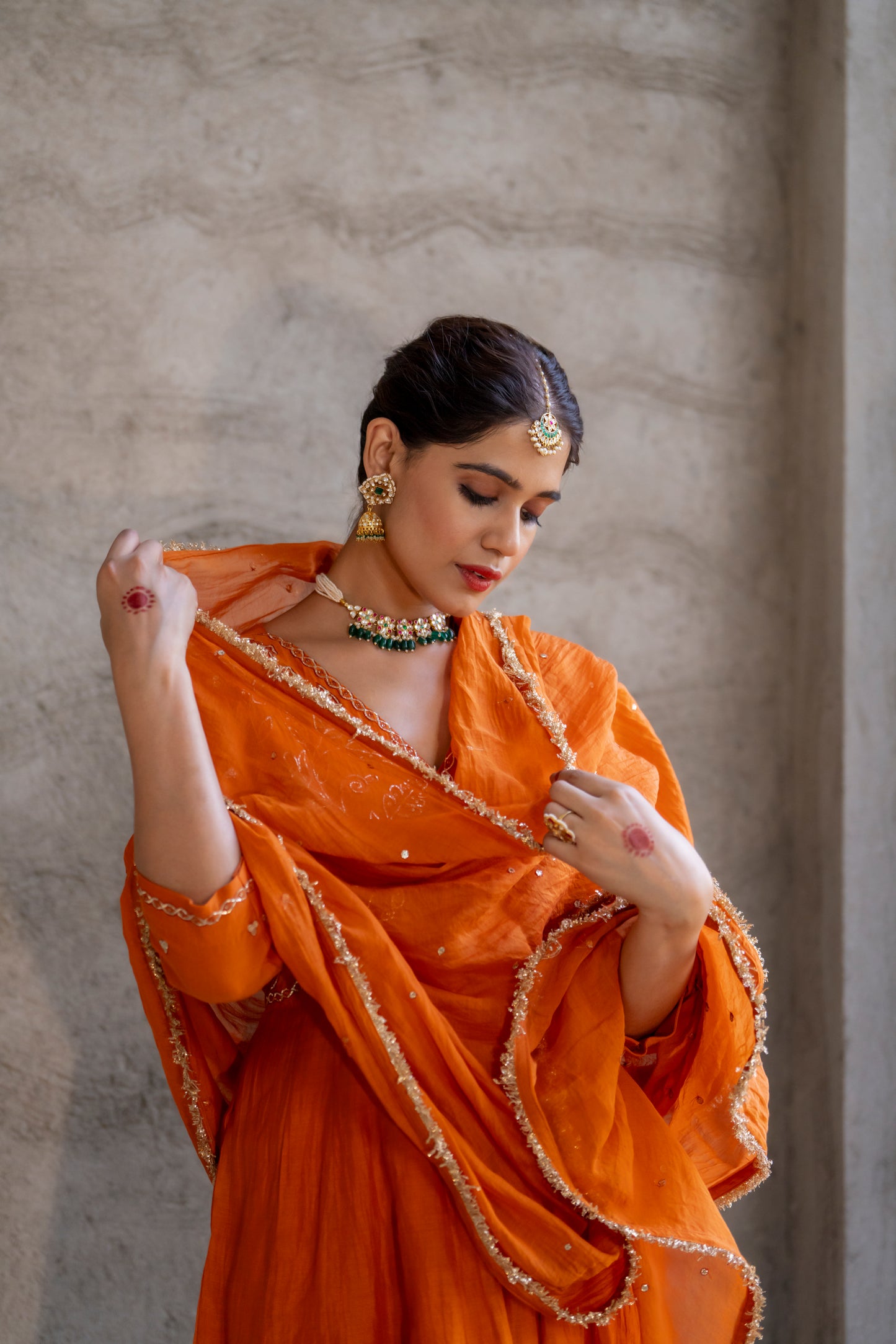Orange Mul Chanderi Peplum Sharara with Dabka Pittan work