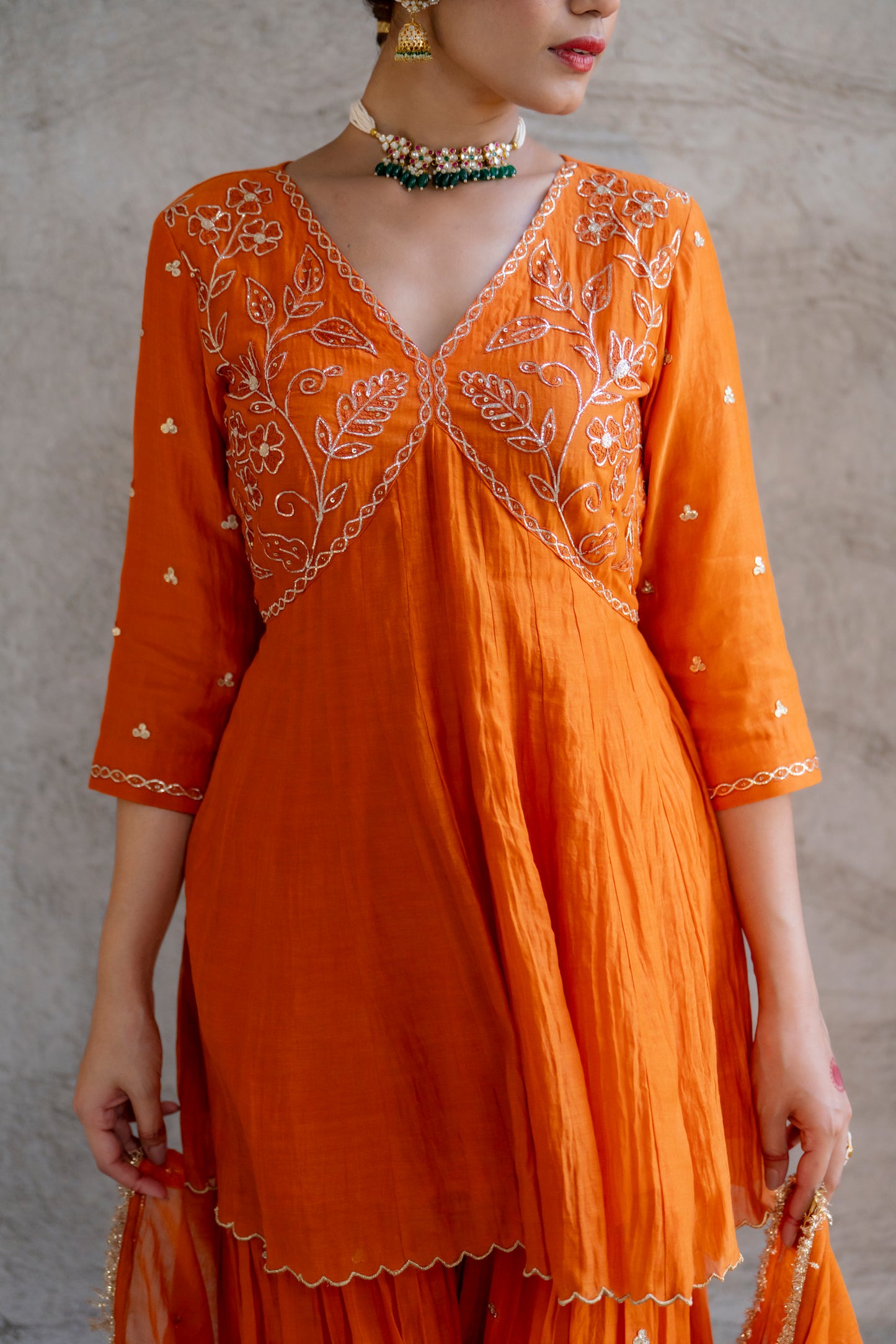 Orange Mul Chanderi Peplum Sharara with Dabka Pittan work