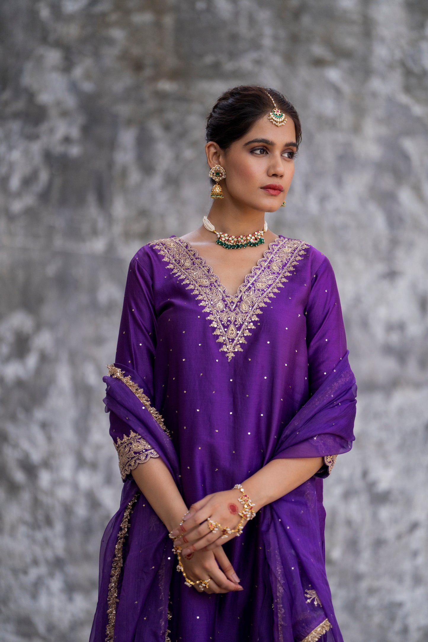 Purple Silk Kurta Set with Heavy Dori and Dabka Work