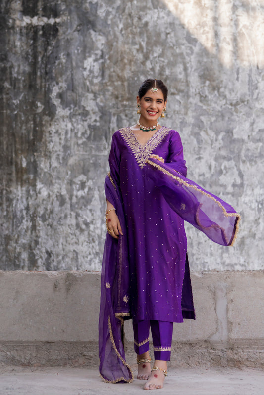 Purple Silk Kurta Set with Heavy Dori and Dabka Work