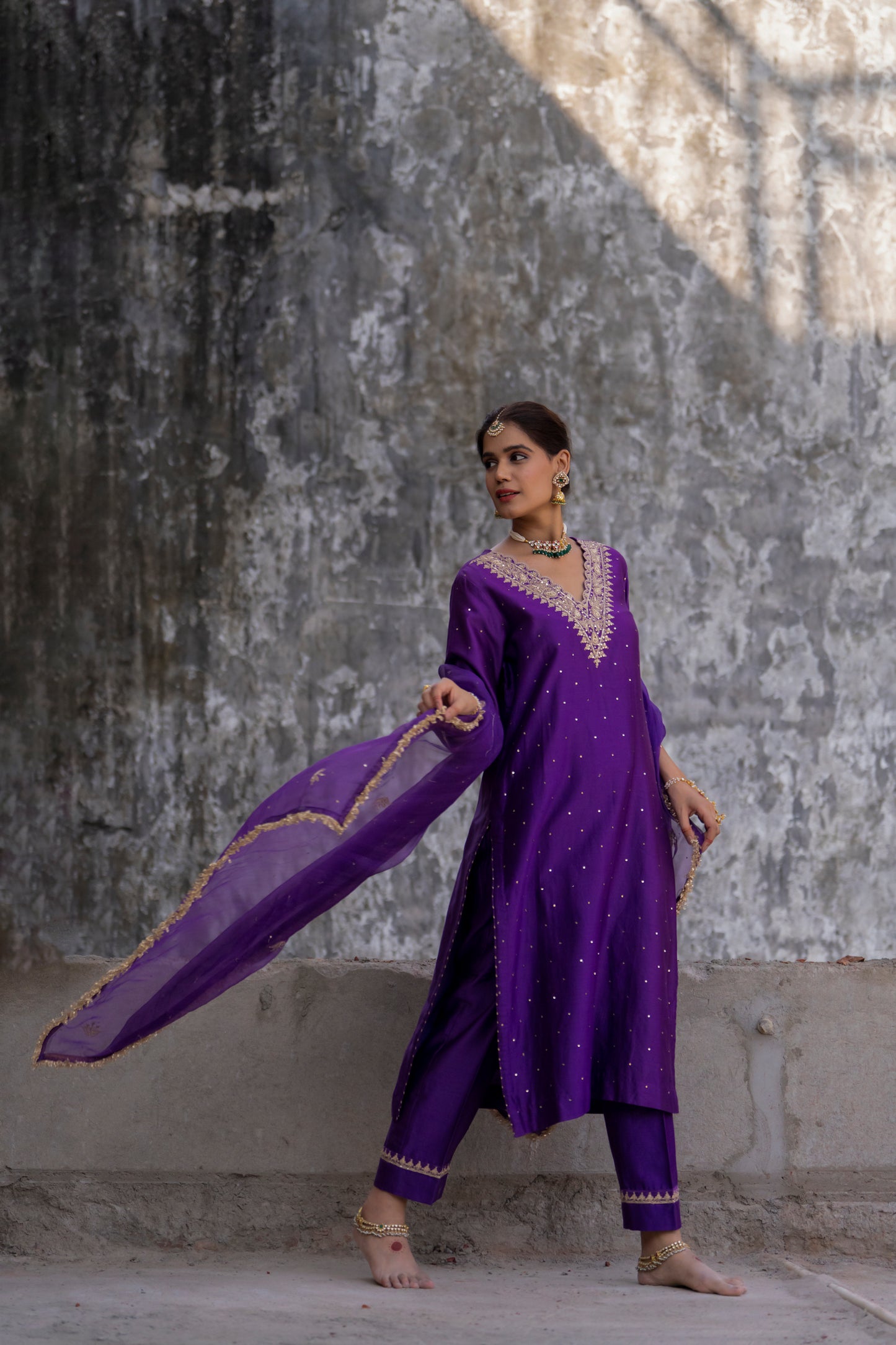 Purple Silk Kurta Set with Heavy Dori and Dabka Work