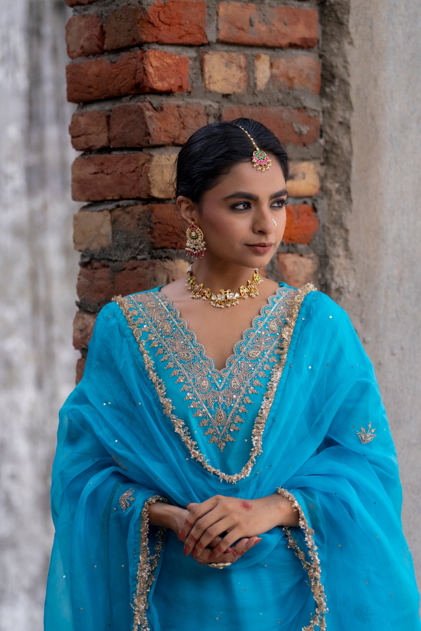 Turquoise Silk Kurta Set with Heavy Dori and Dabka Work