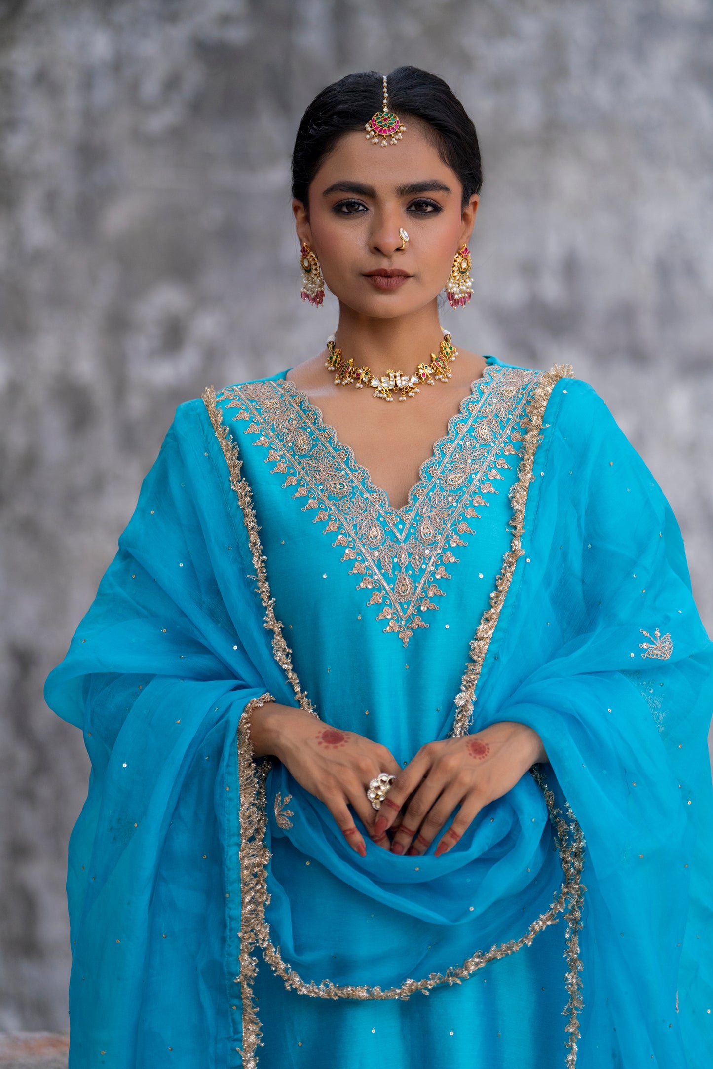 Turquoise Silk Kurta Set with Heavy Dori and Dabka Work