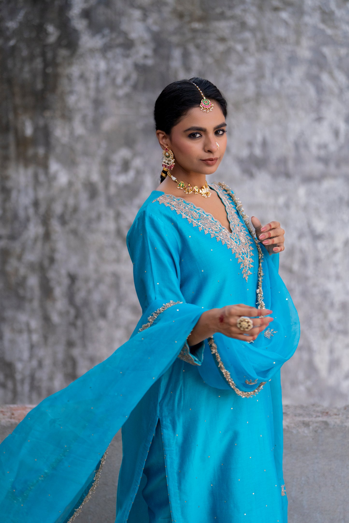 Turquoise Silk Kurta Set with Heavy Dori and Dabka Work