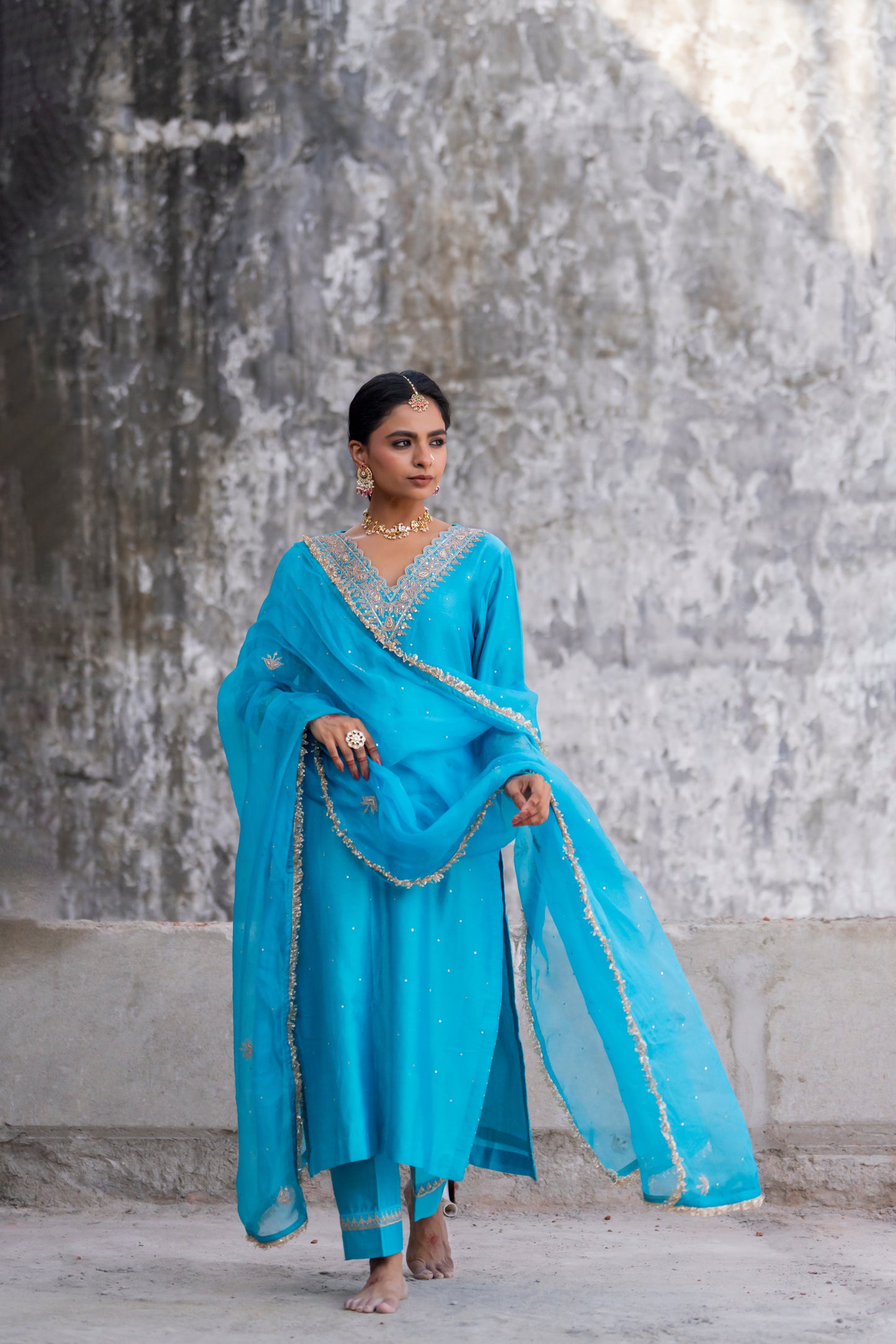 Turquoise Silk Kurta Set with Heavy Dori and Dabka Work