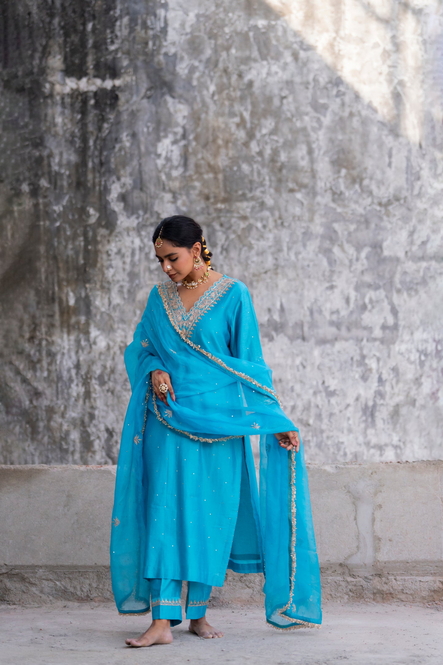 Turquoise Silk Kurta Set with Heavy Dori and Dabka Work